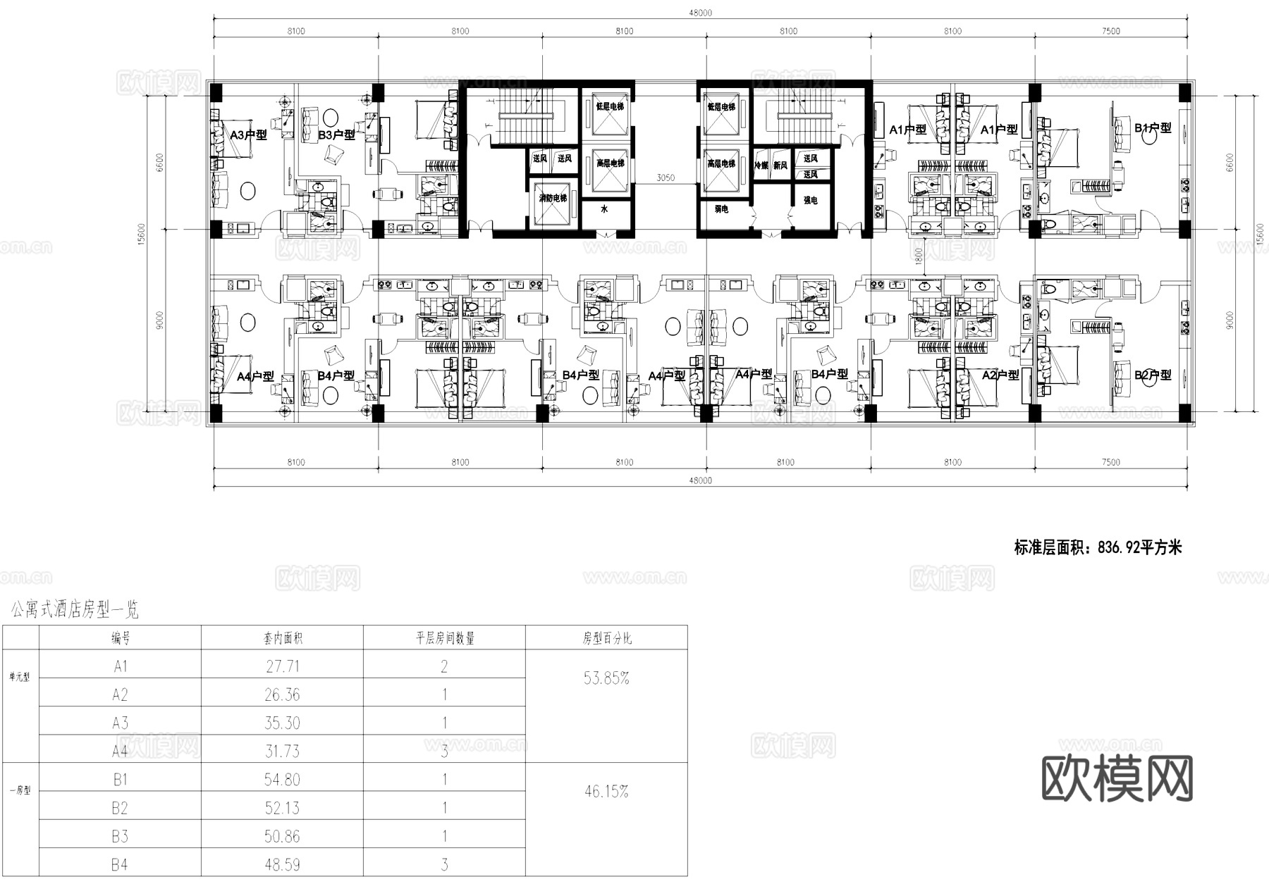 公寓式酒店客房户型图建筑平面CAD施工图cad施工图