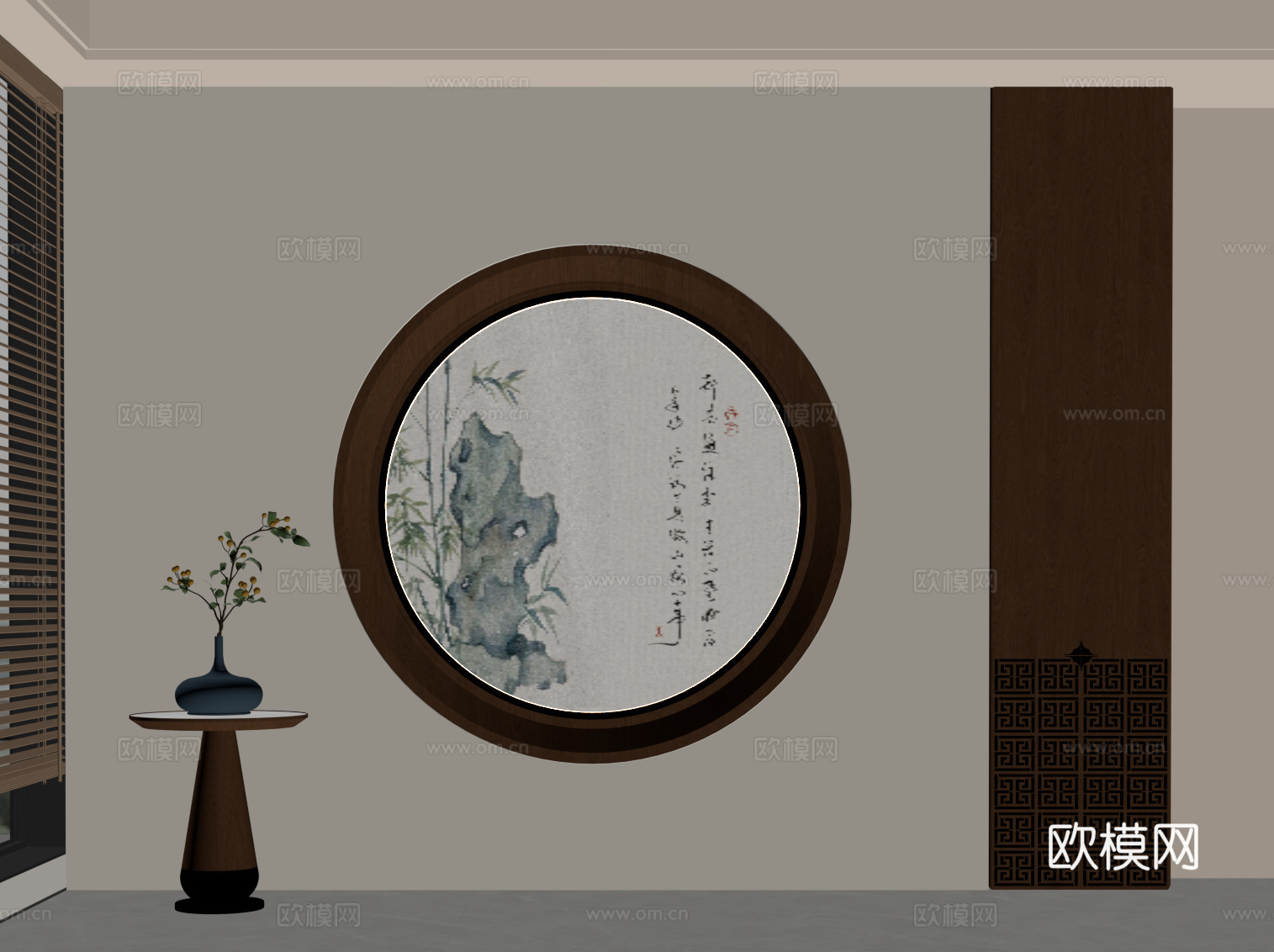 新中式背景墙 玄关背景墙su模型