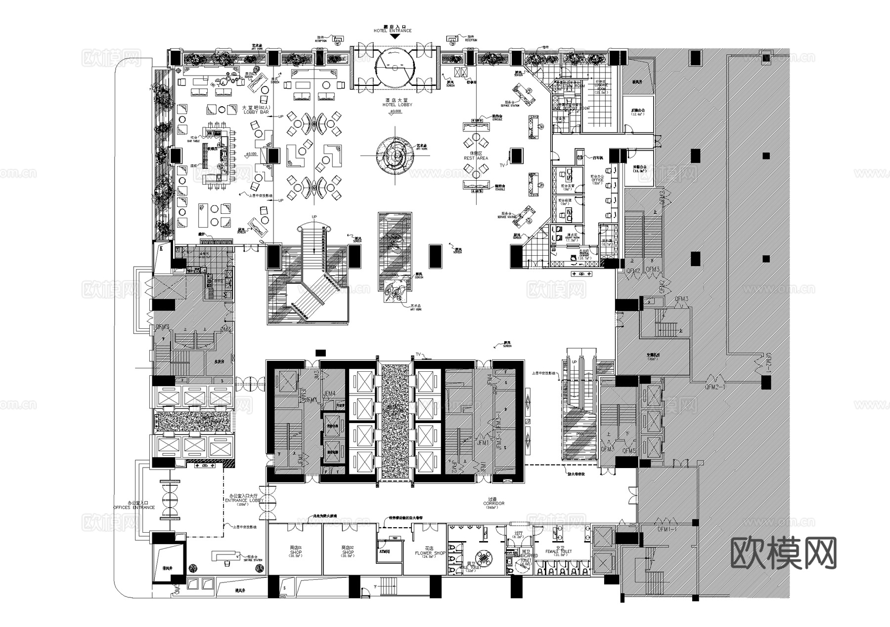 酒店首层大堂餐厅室内工装平面图库CAD施工图集cad施工图