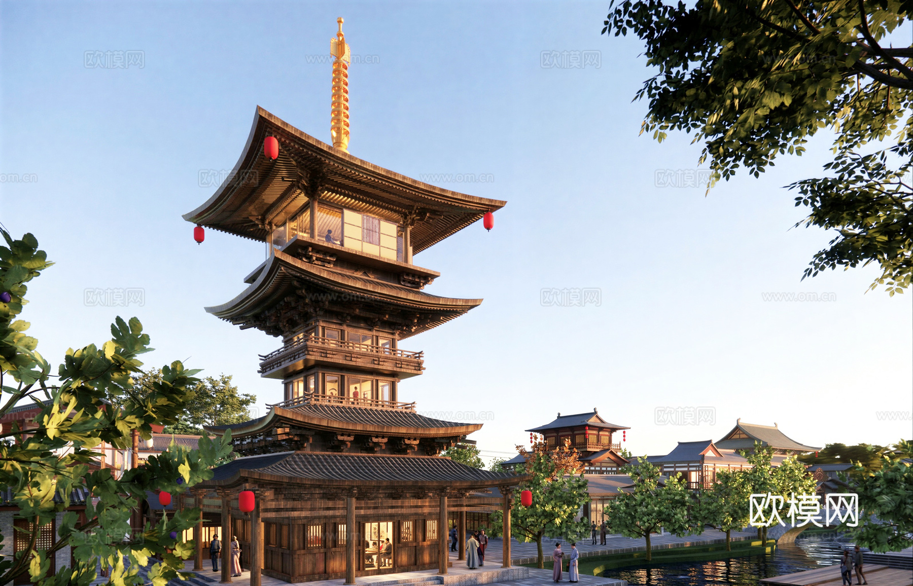 中式商业街 中式水街su模型