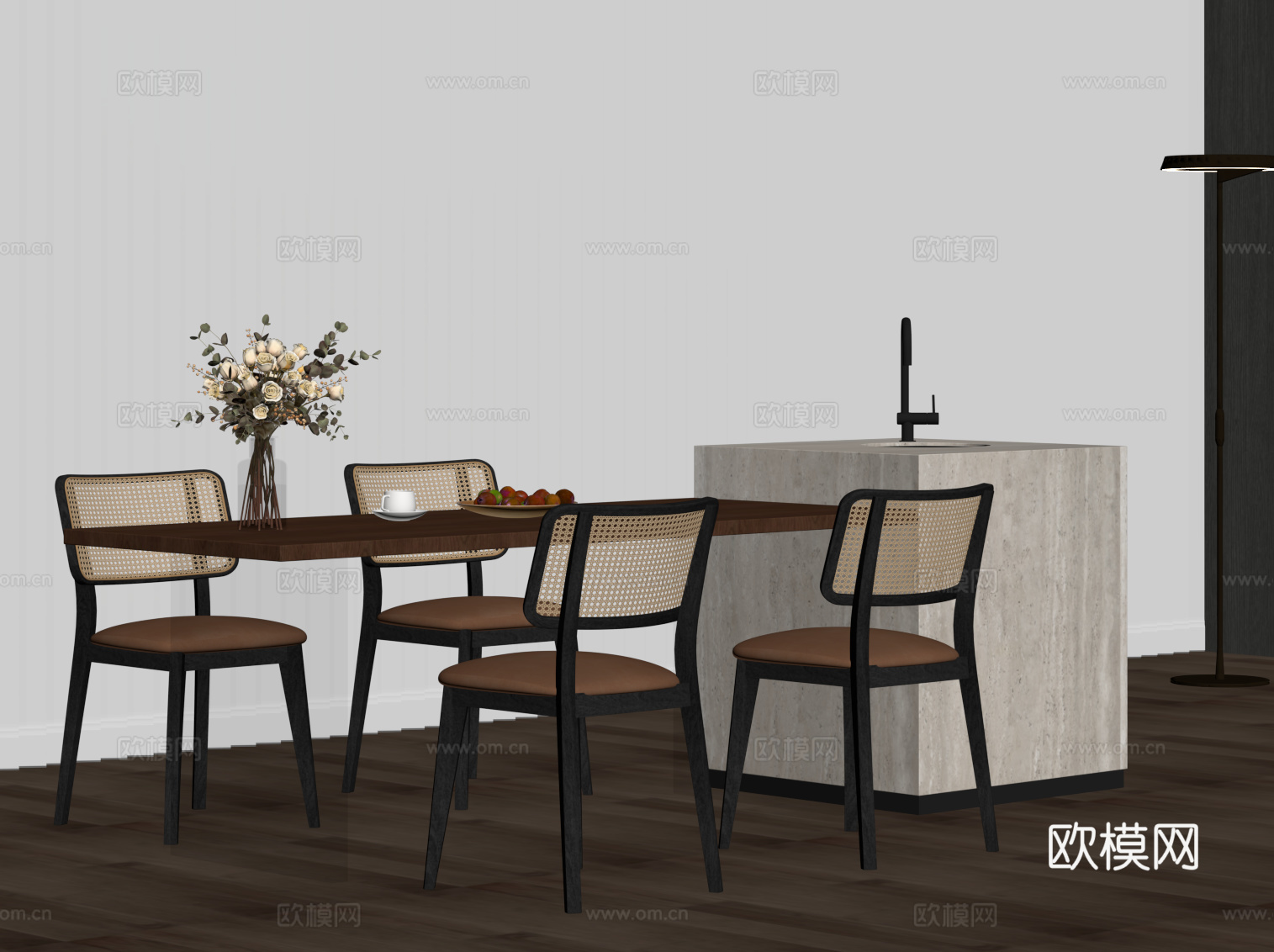 中古风岛台 餐桌椅su模型
