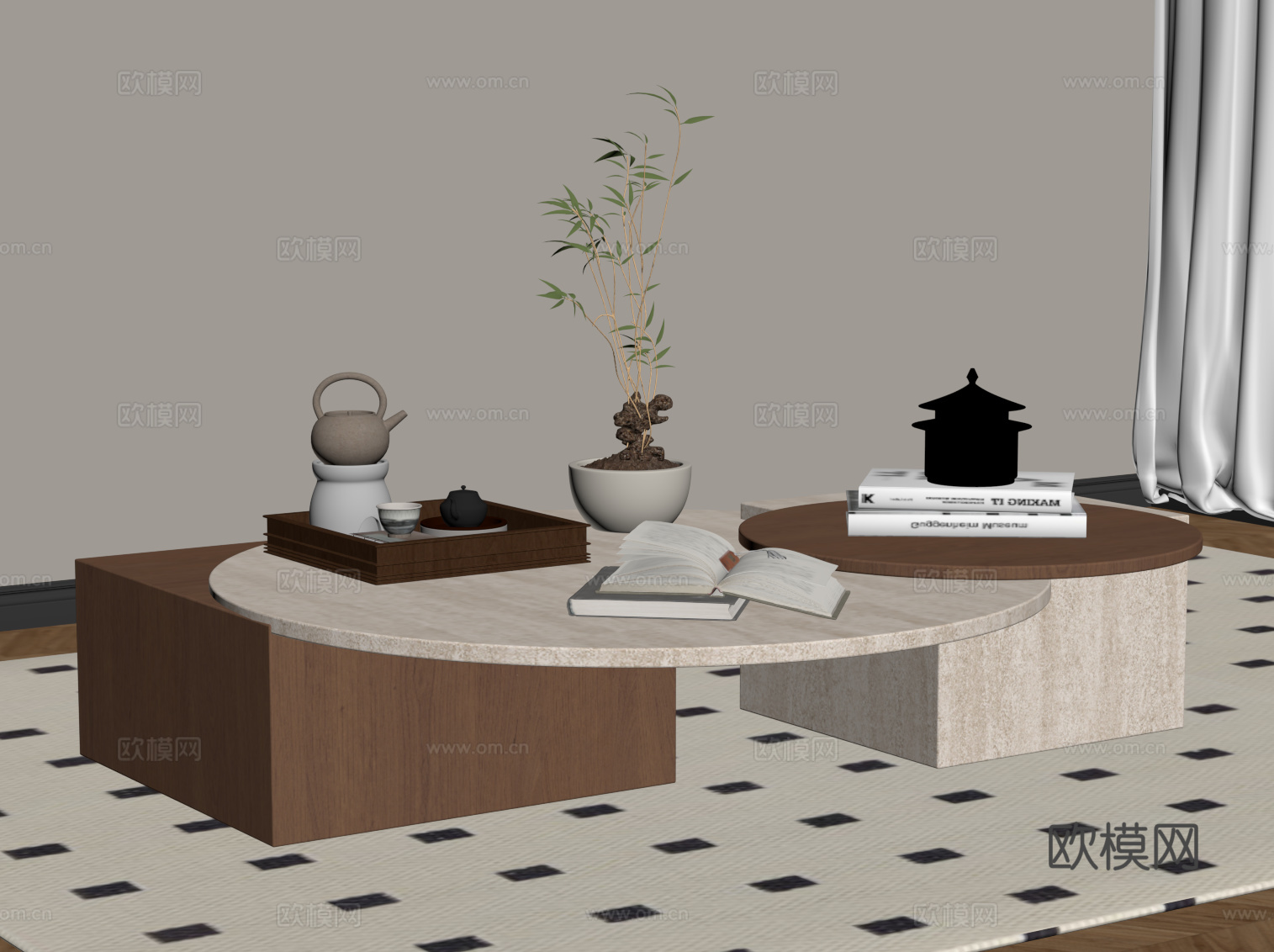 侘寂中古茶几 大理石茶几su模型