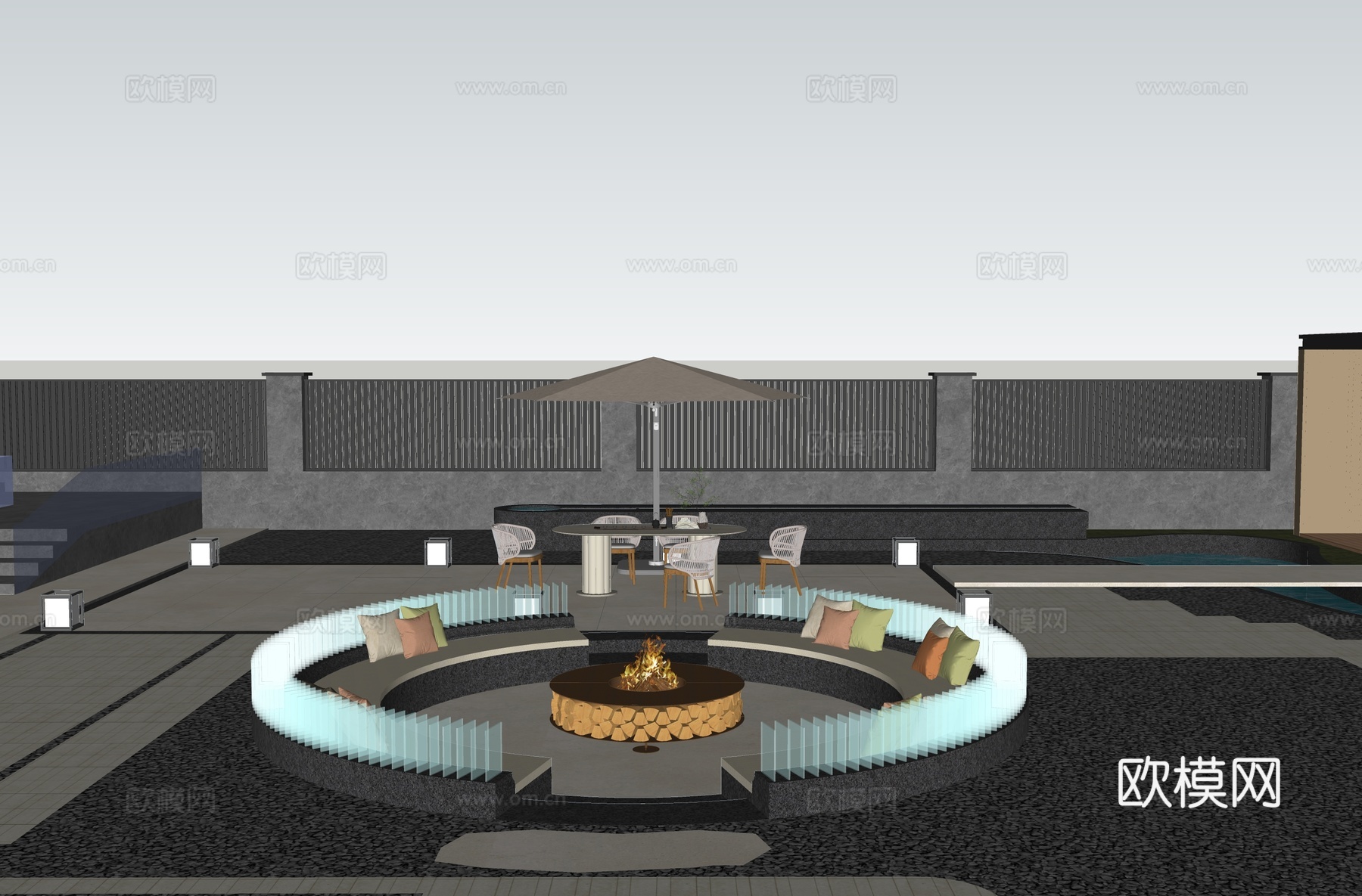 现代庭院花园 下沉圆形 弧形卡座 火炉 餐桌椅 遮阳伞su模型