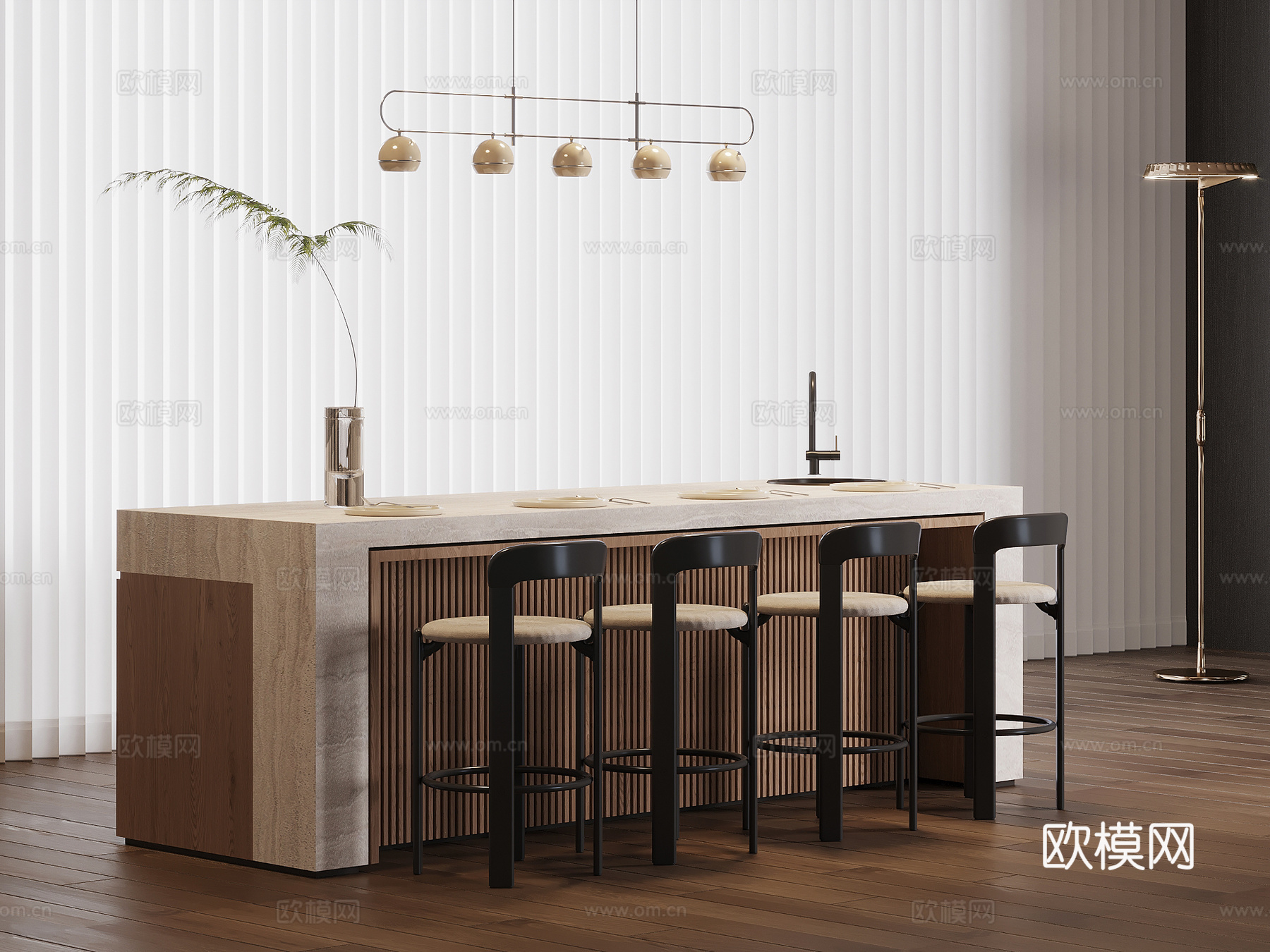 中古风吧台 岛台su模型