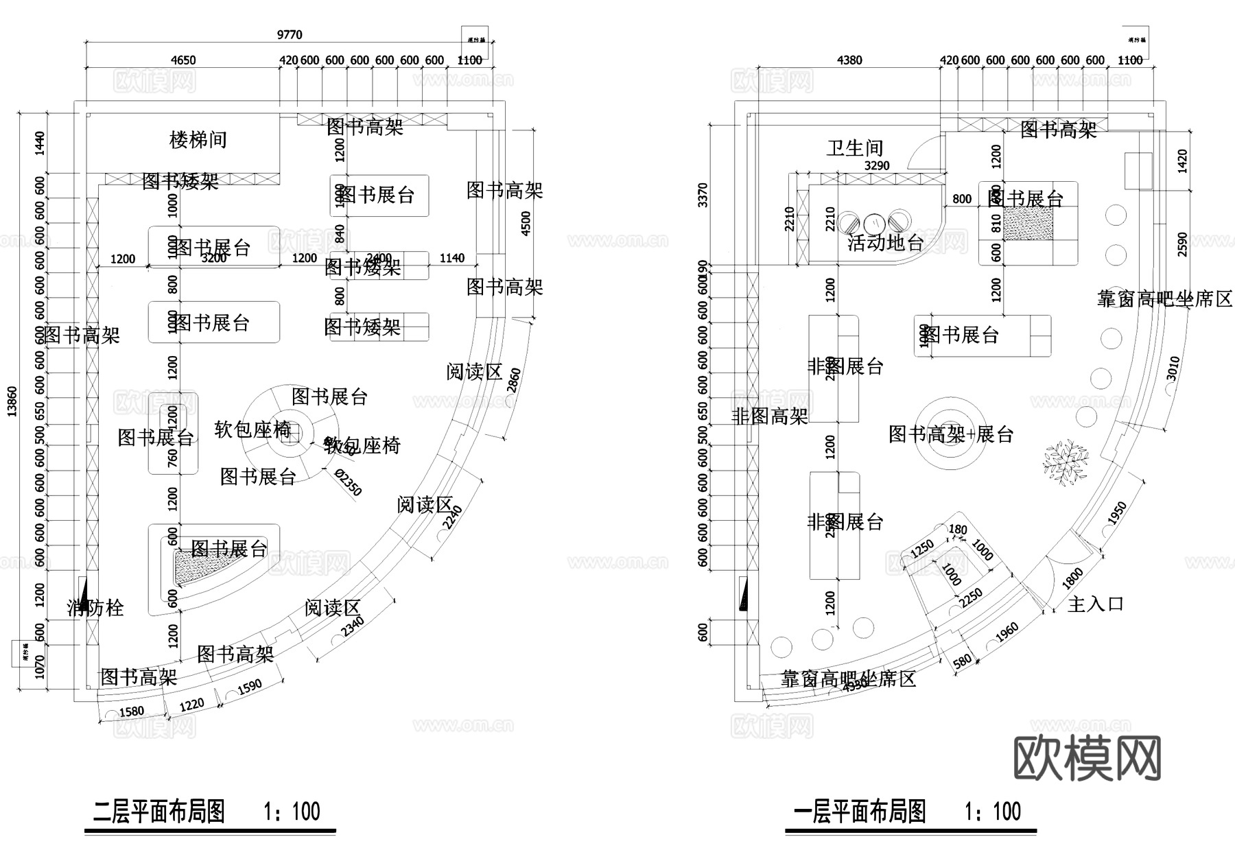 二层图书馆书店书吧室内工装平面图cad施工图