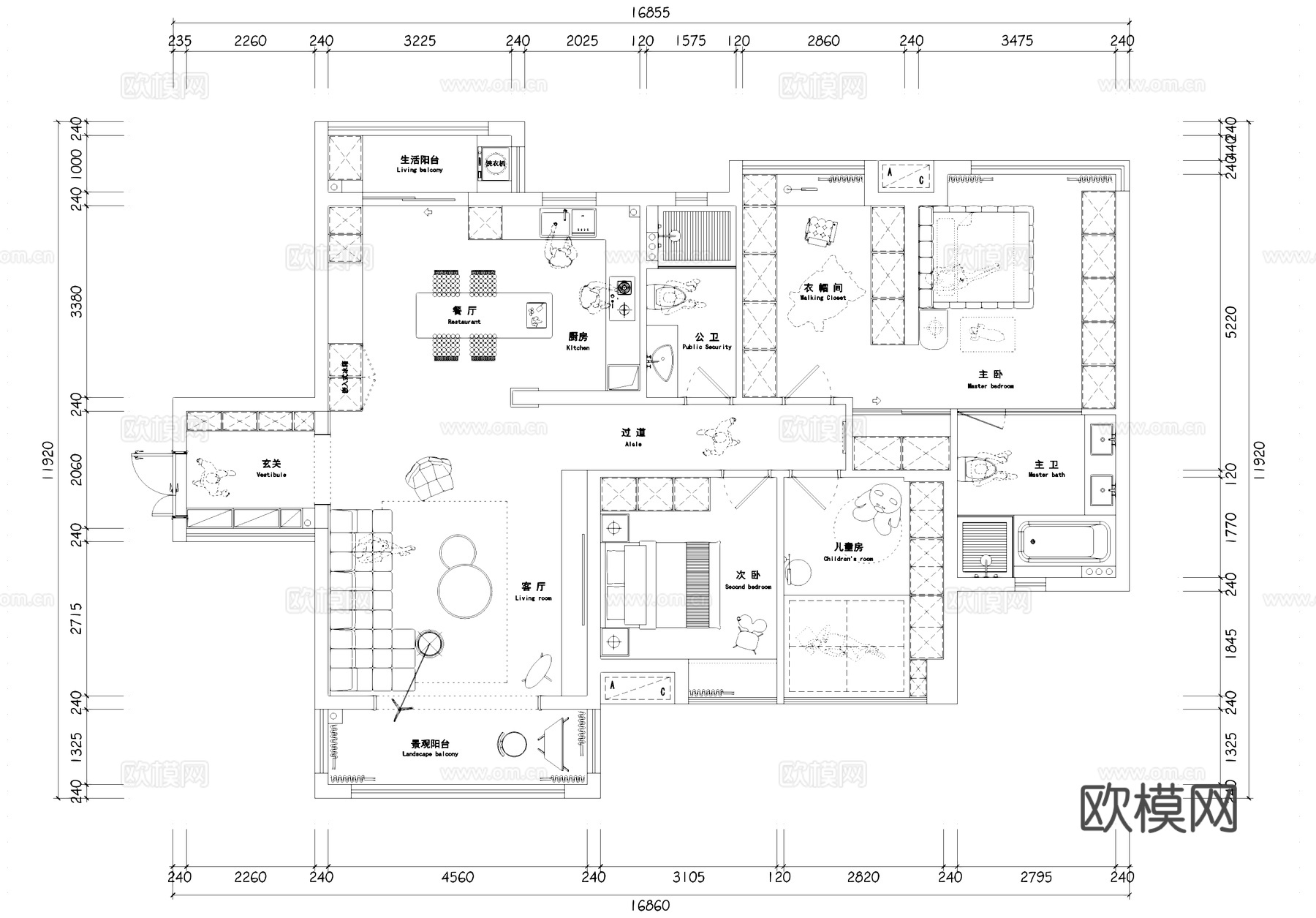 室内家装三室两厅两卫户型图平面CAD施工图cad施工图
