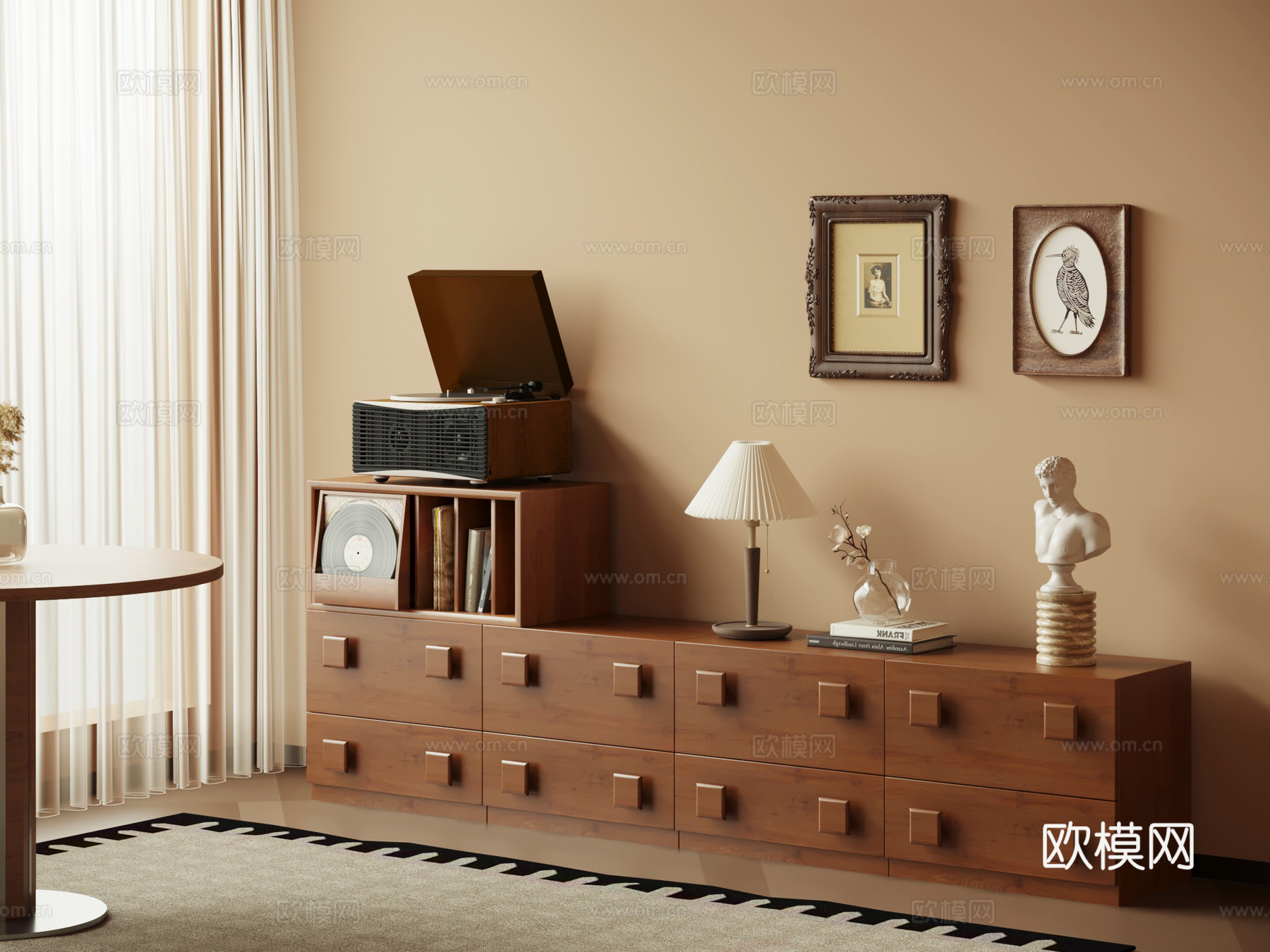 中古风边柜 地柜 书柜 装饰画su模型