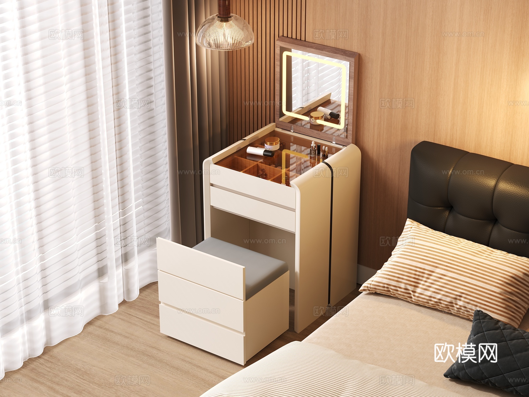 现代风格卧 室家具梳妆台 灯光齐全3d模型下载