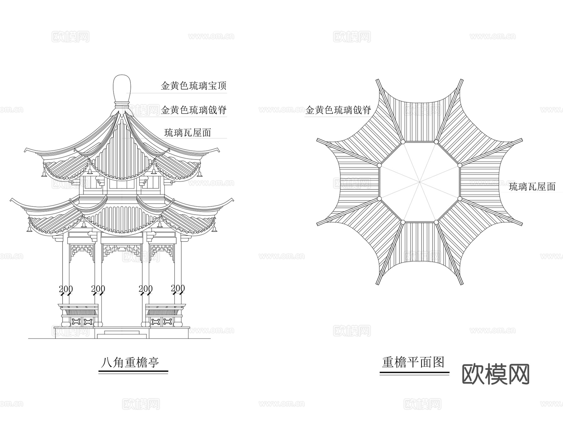 八角休闲景观亭CAD施工图详图集 9套cad施工图