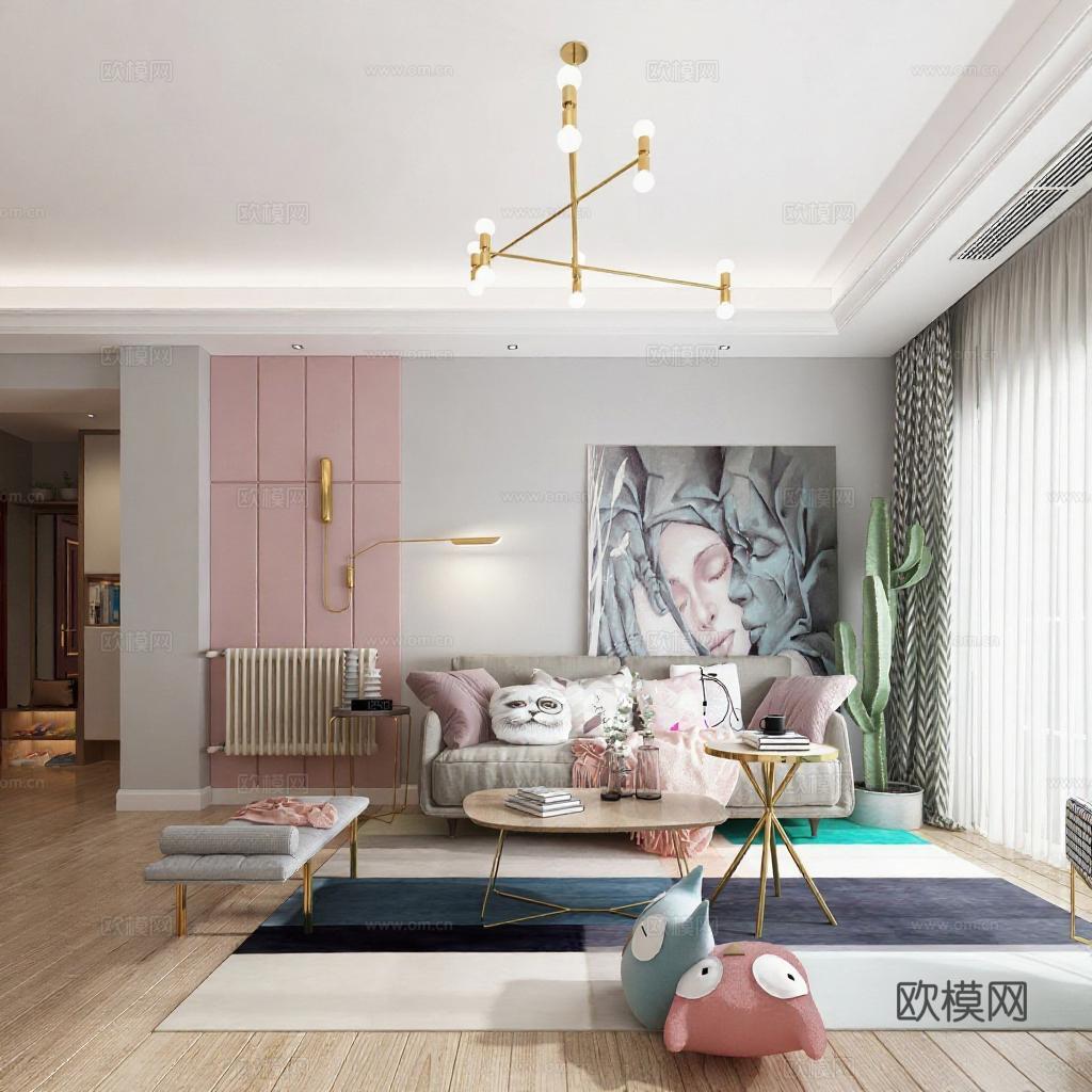 现代客厅 粉白家居设计 3D样板间 金属木质混搭 艺术空间布局免费3d模型下载