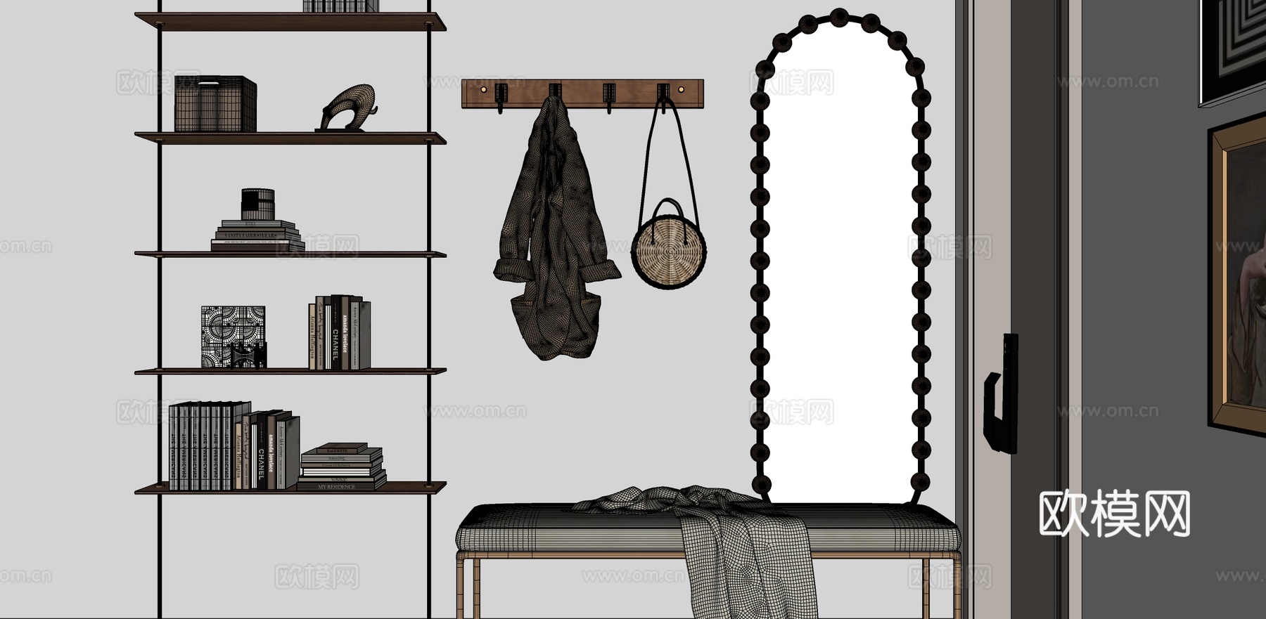 全身镜换鞋凳挂衣杆su模型