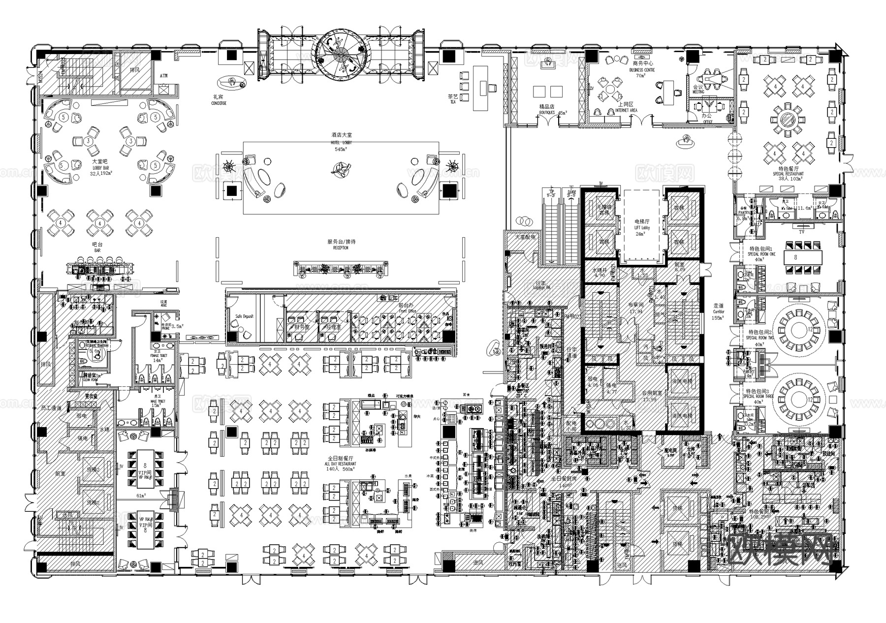 酒店首层大堂餐厅室内工装平面图库CAD施工图集cad施工图