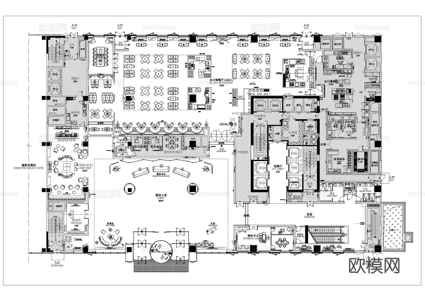 酒店首层大堂餐厅室内工装平面图库CAD施工图集cad施工图