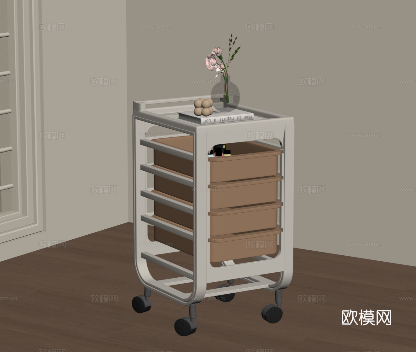 现代奶油风小推车 置物架su模型