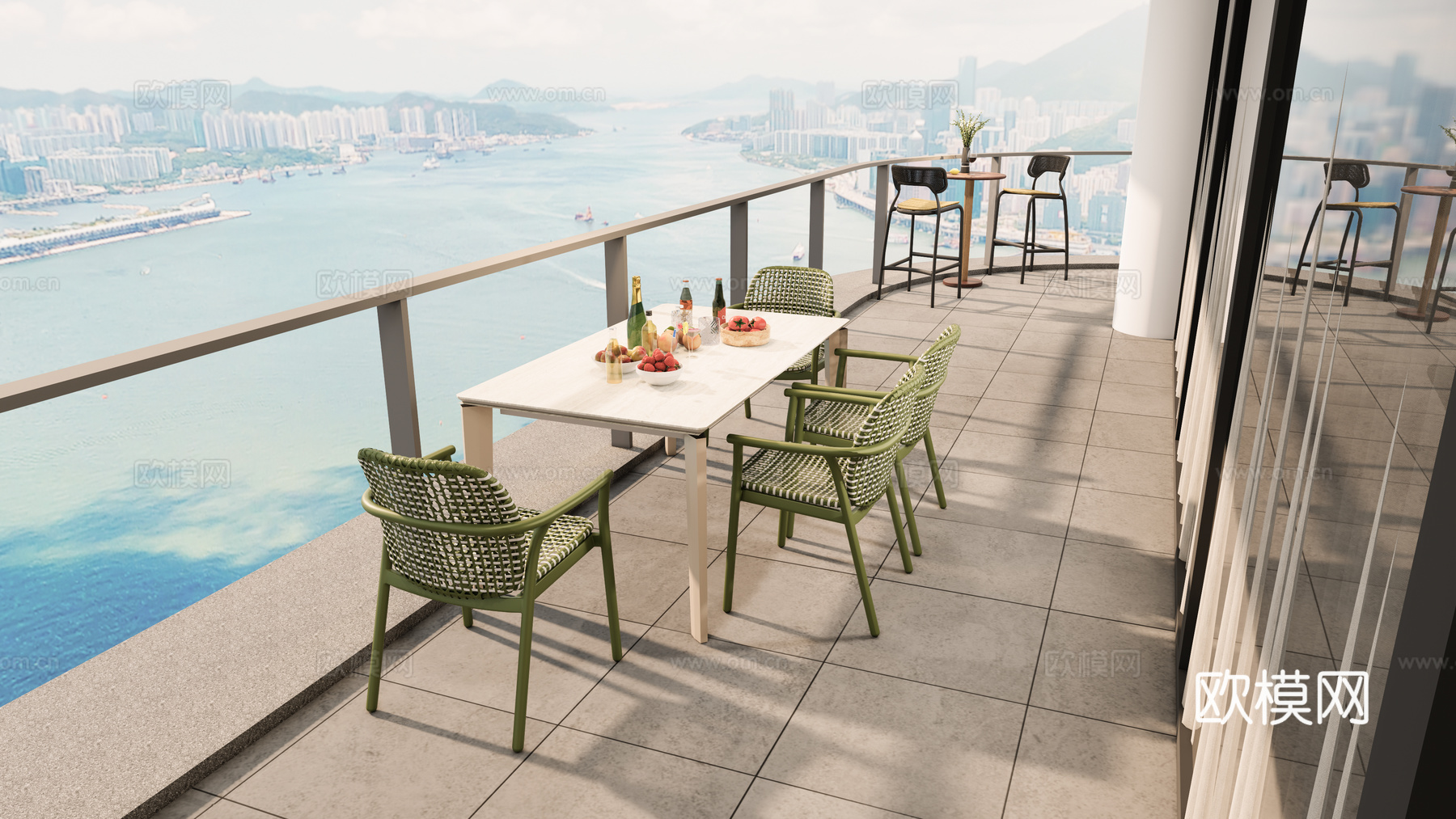 现代户外岩板餐桌 一桌四椅 吧桌椅su模型