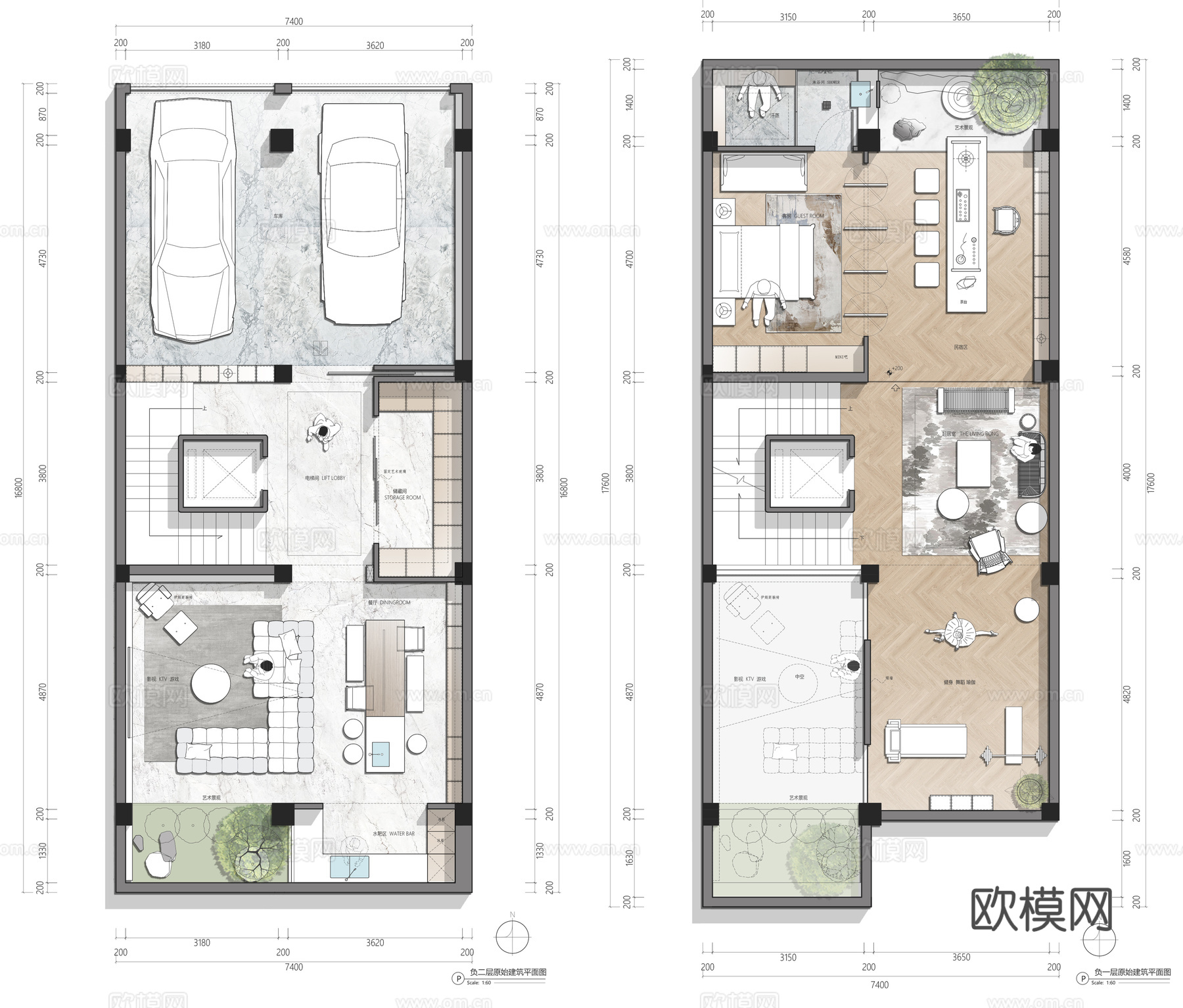 600平别墅平面CAD彩平+psdcad施工图