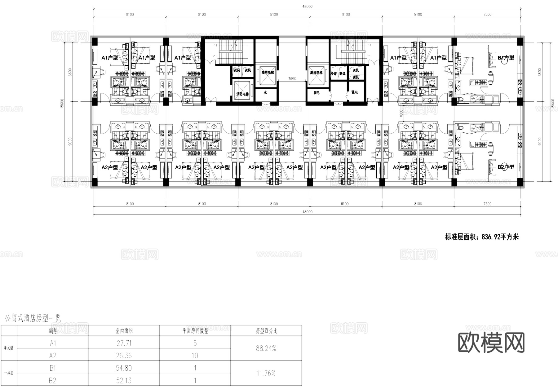 公寓式酒店客房户型图建筑平面CAD施工图cad施工图