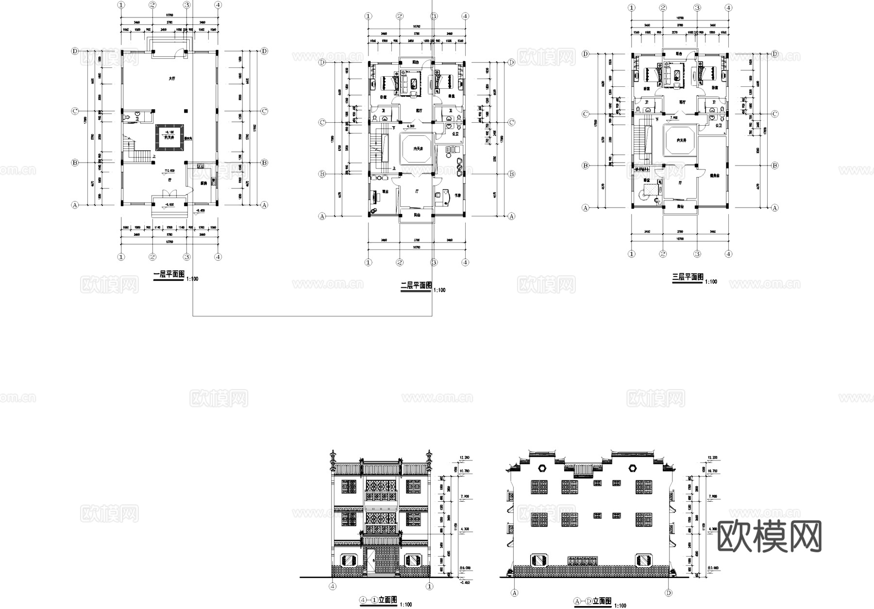 徽派三层别墅建筑CAD施工图cad施工图