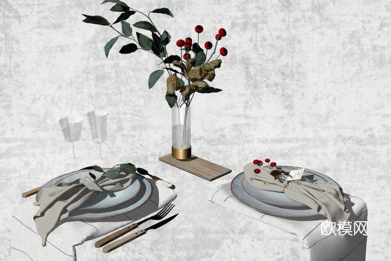 简约自然风餐桌布置 木质金属花瓶家居装饰 3D渲染室内设计灵感 节日餐桌餐具搭配 灰白纹理墙面装饰免费3d模型下载