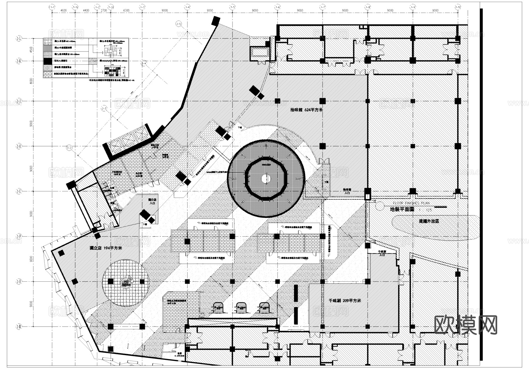 美食广场小吃城室内工装平面系统图CAD施工图cad施工图