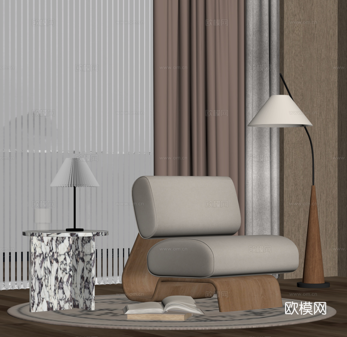 中古风休闲椅 边几 落地灯su模型
