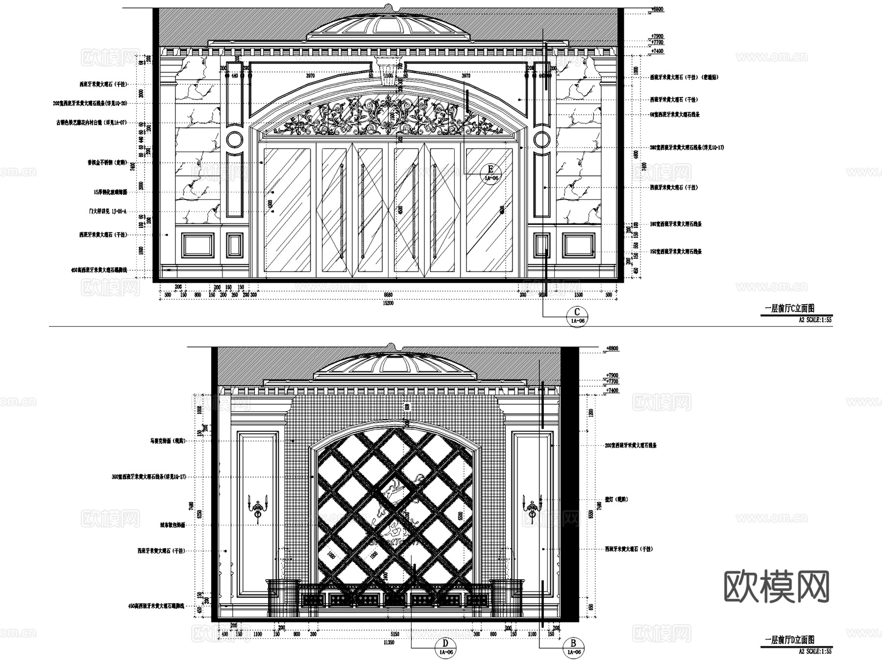 欧式售楼处前厅节点室内工装CAD施工图cad施工图
