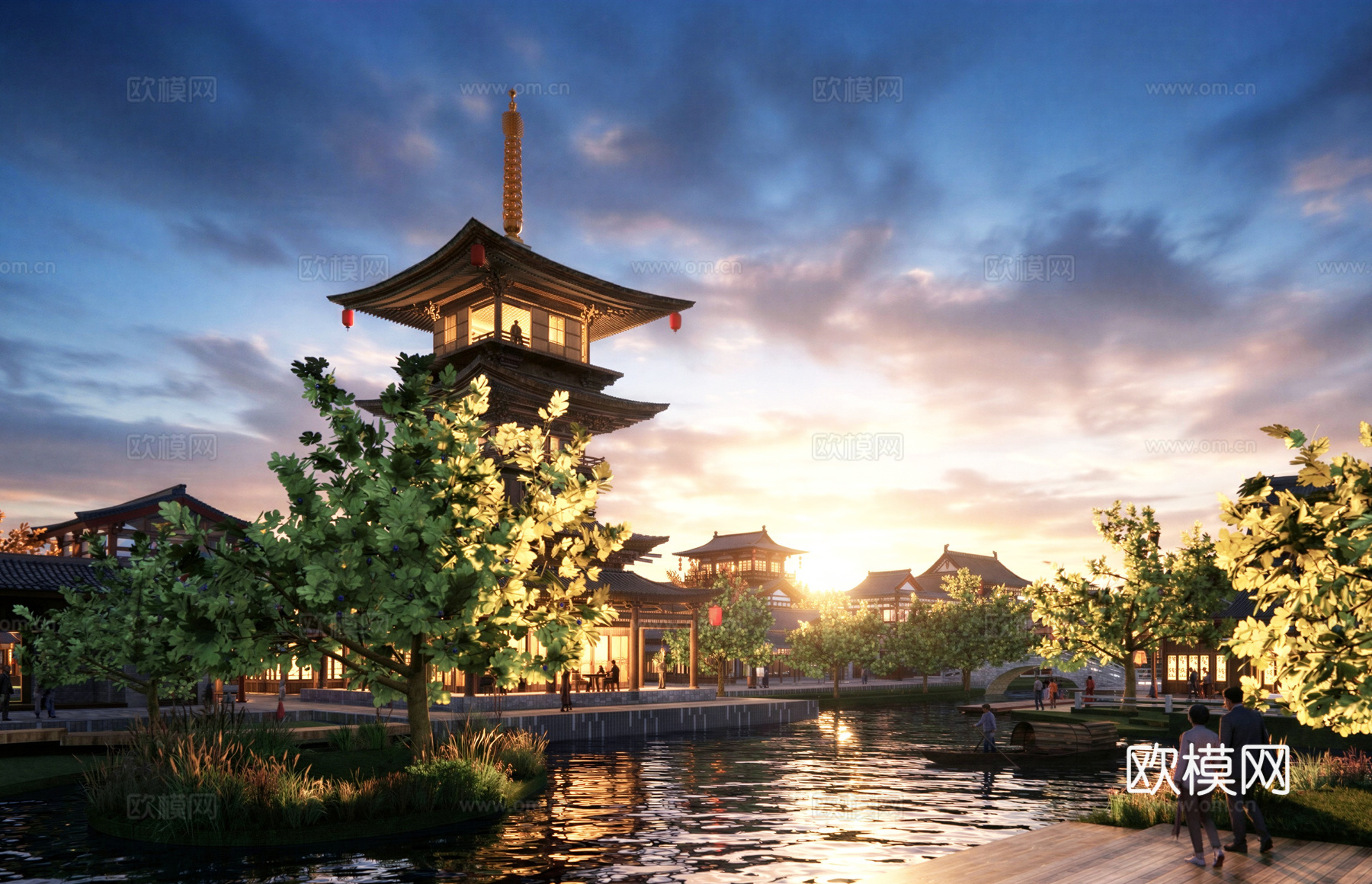 中式商业街 中式水街su模型