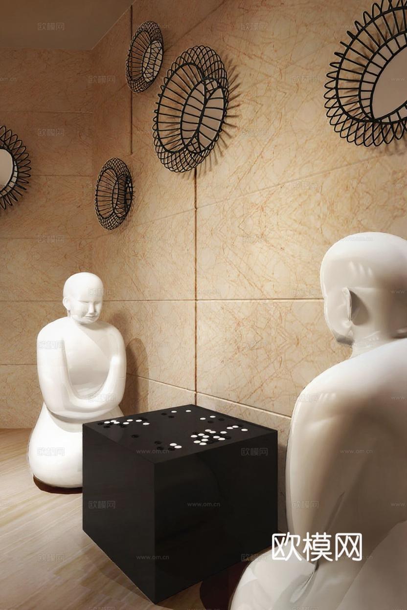 现代艺术空间设计 对称雕塑陈列 禅意美学家居展示 陶瓷金属材质对比 静思氛围室内装饰免费3d模型下载