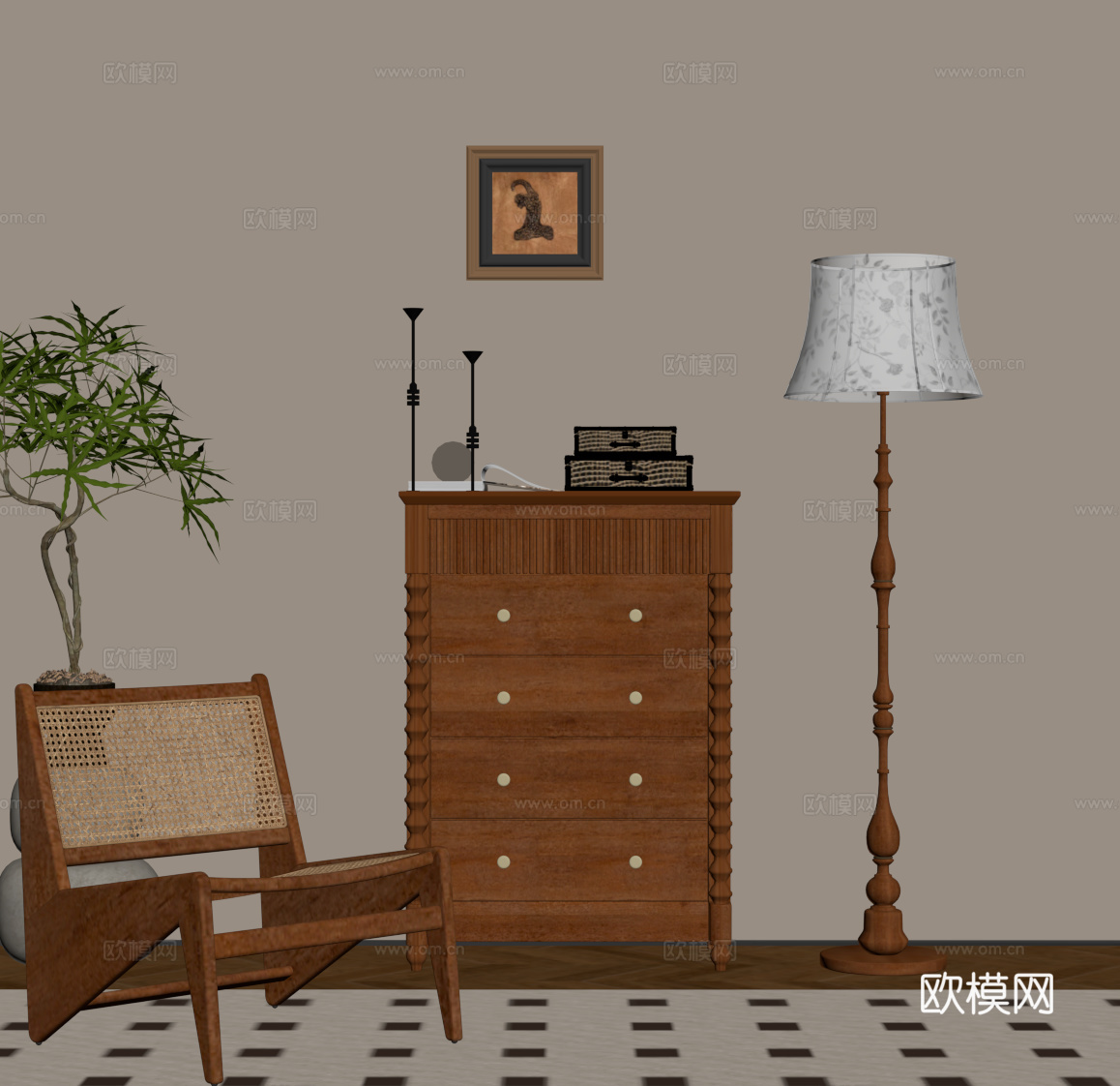 中古风边柜 斗柜 落地灯 休闲椅su模型