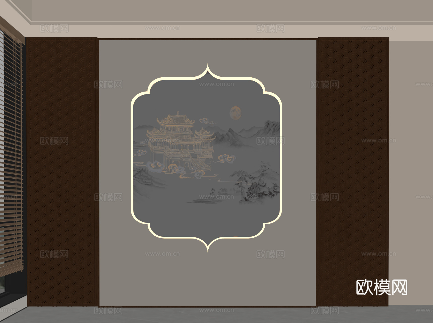 新中式背景墙su模型