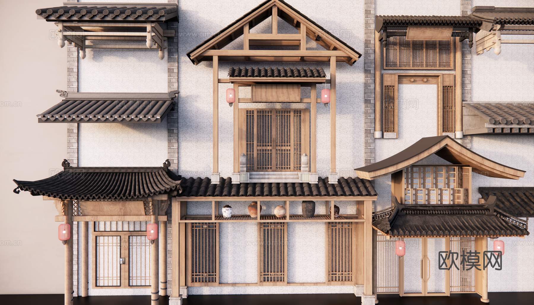 中式传统建筑构件 屋檐 门头 瓦su模型