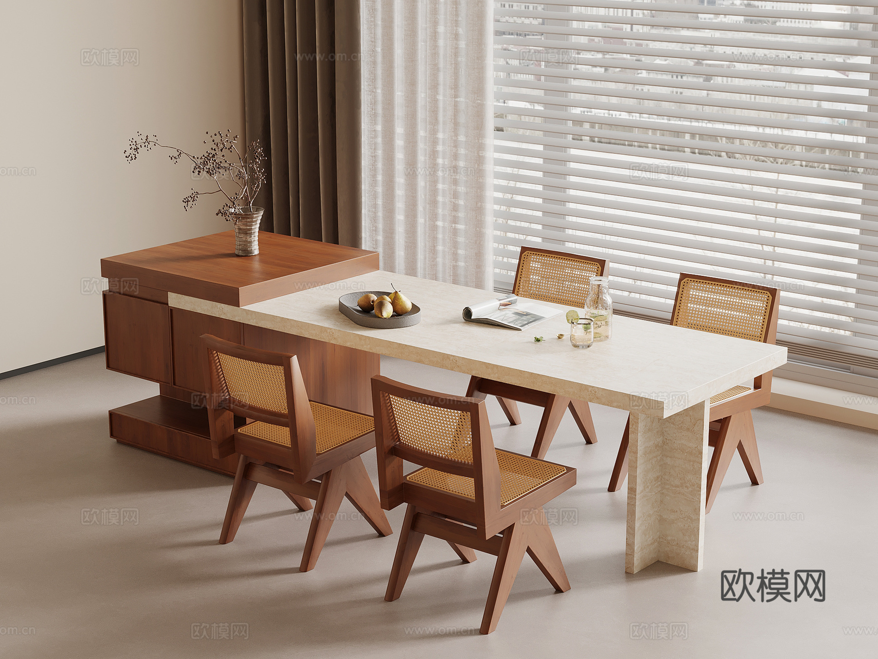 中古风岛台 餐桌椅su模型