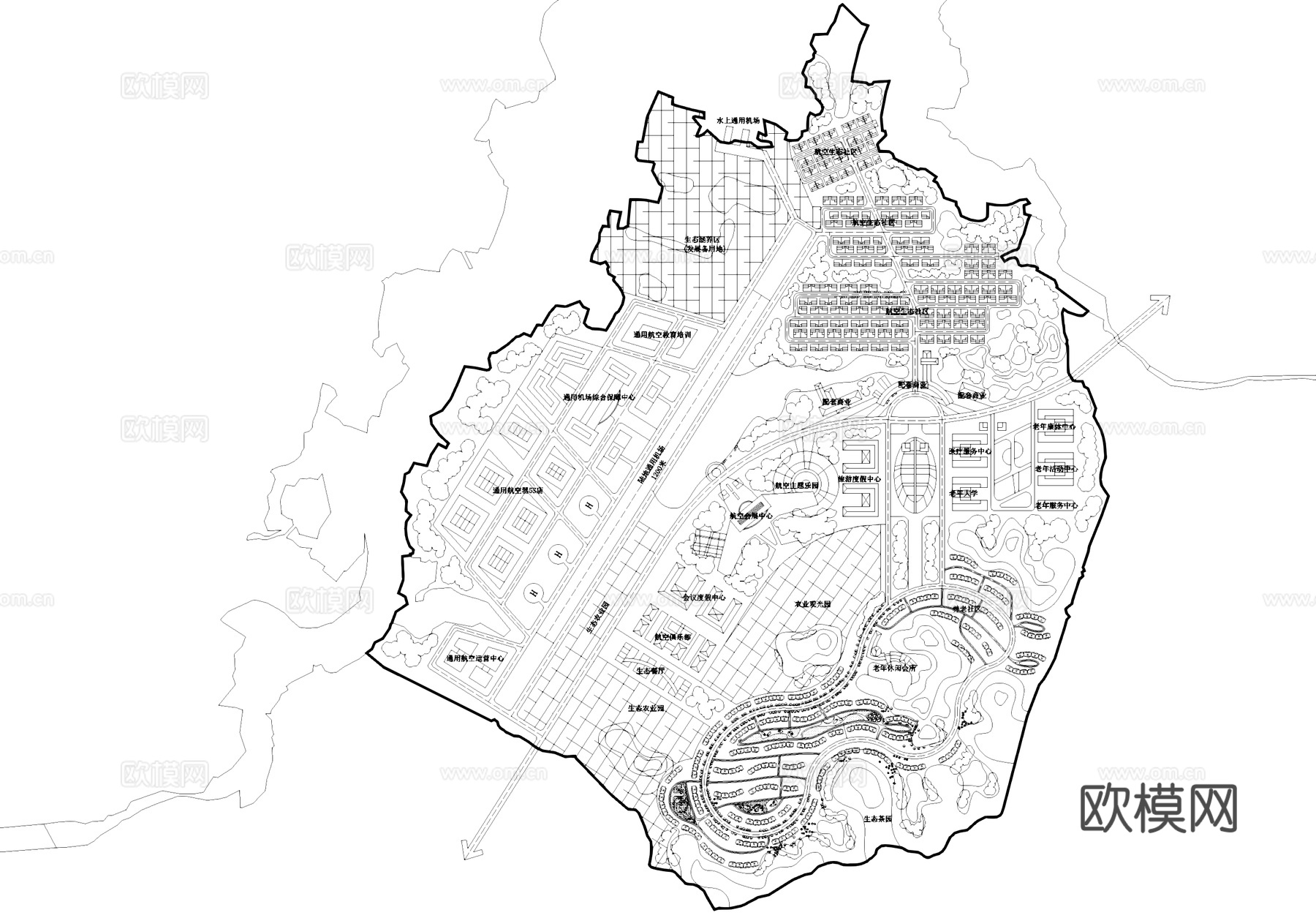 航空园区机场农业生态观光园会展中心老年休闲会所规划总平面cad施工图cad施工图