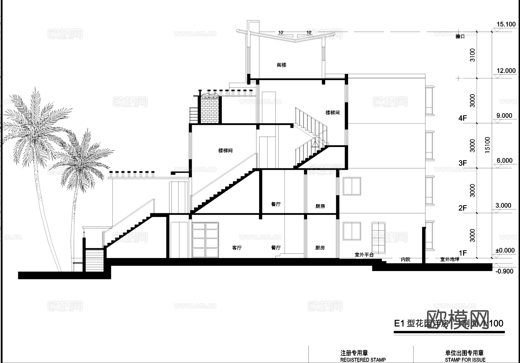 四层花园洋房建筑平剖面CAD施工图cad施工图