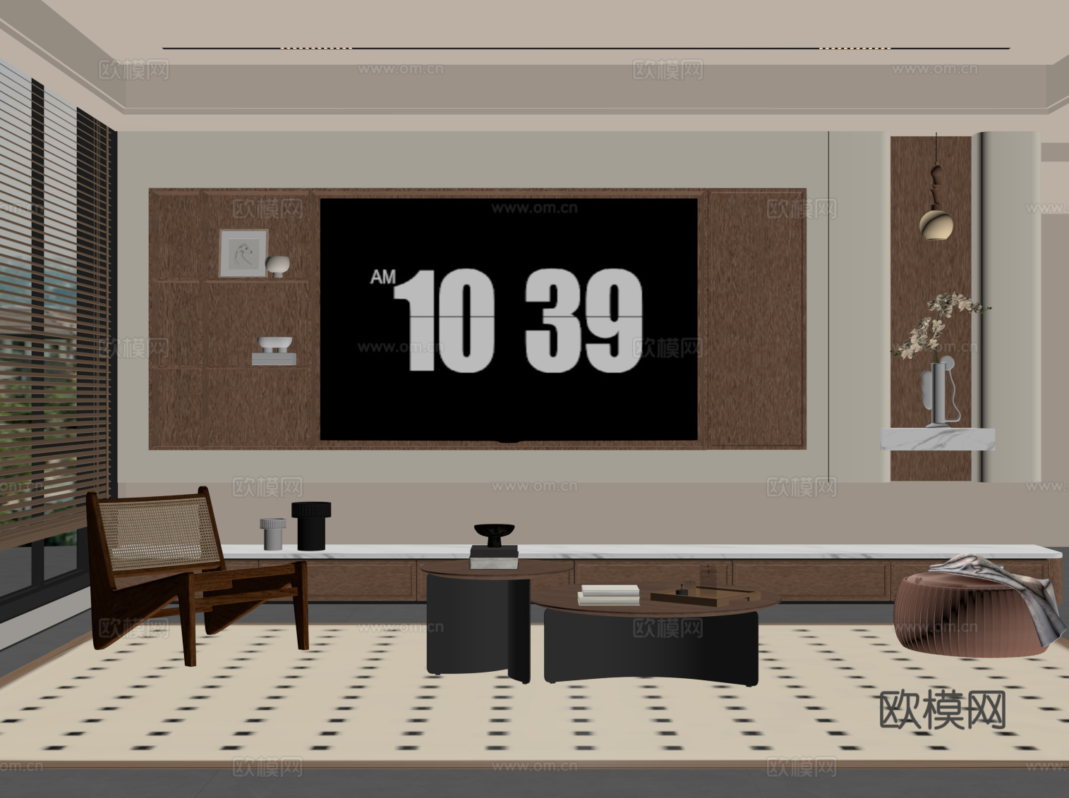 中古风客厅 电视背景墙 电视柜 沙发茶几组合su模型
