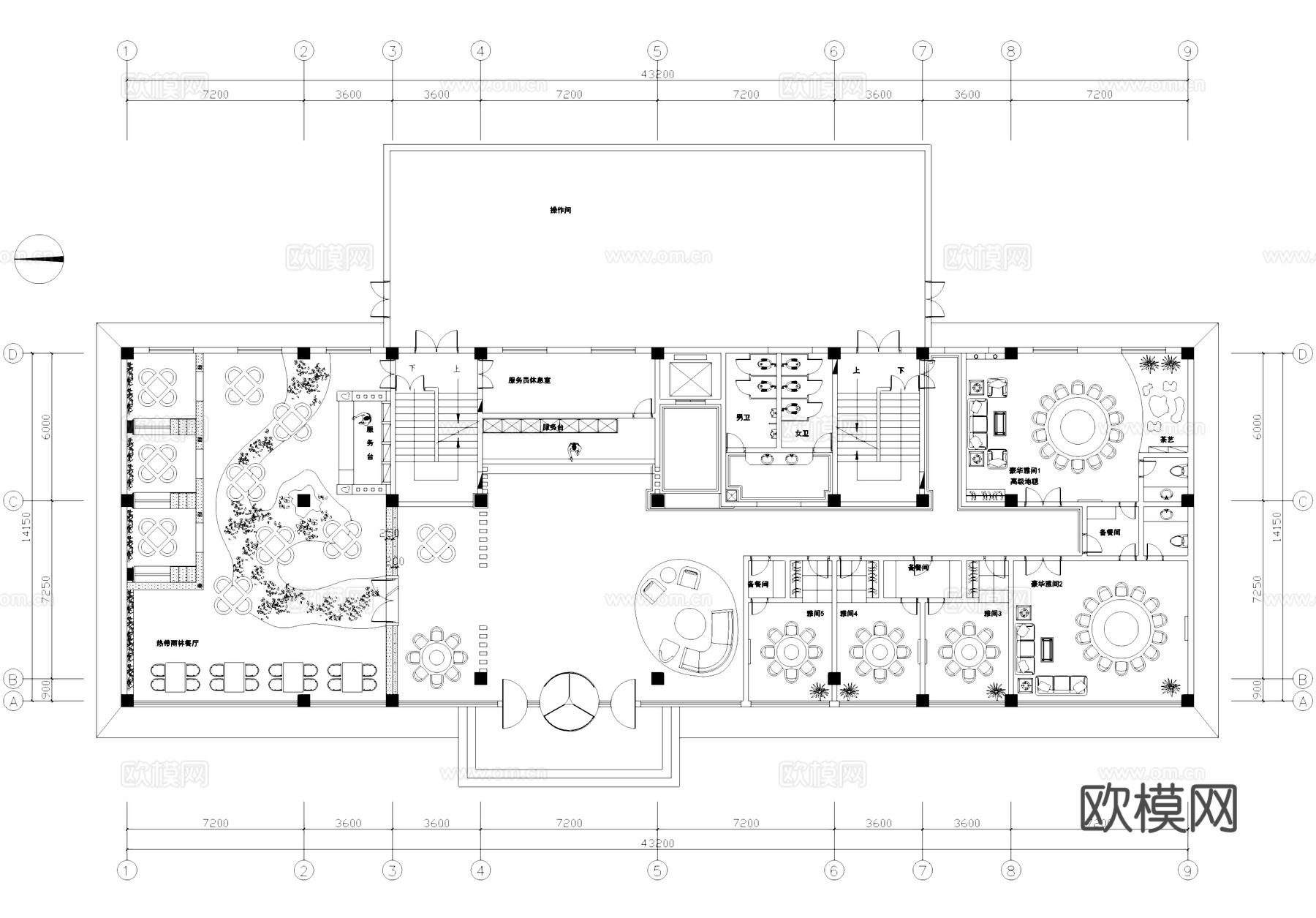 民宿酒店首层大堂餐厅室内工装平面图CAD施工图cad施工图