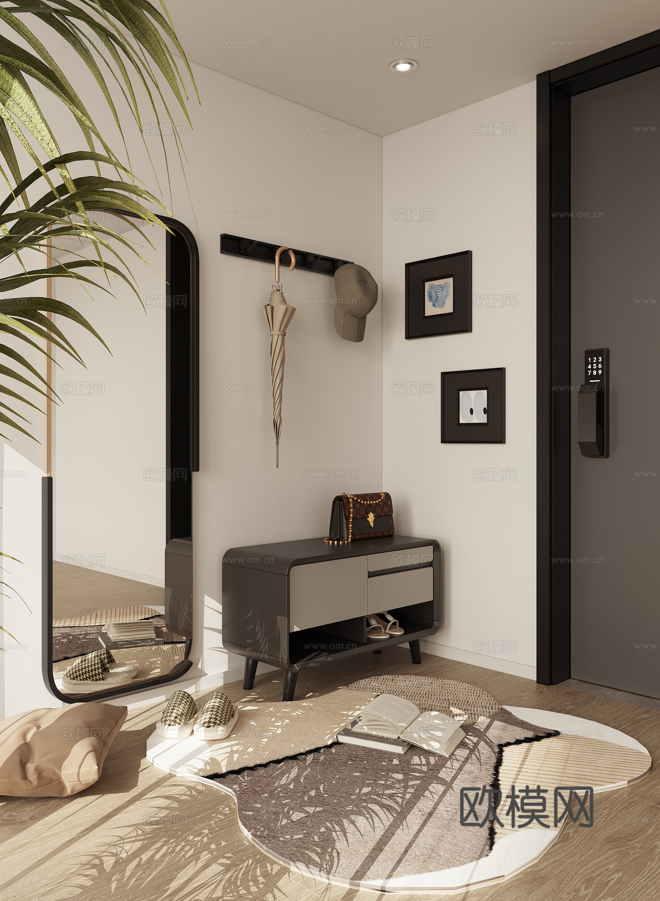 全身镜换鞋凳挂衣杆su模型