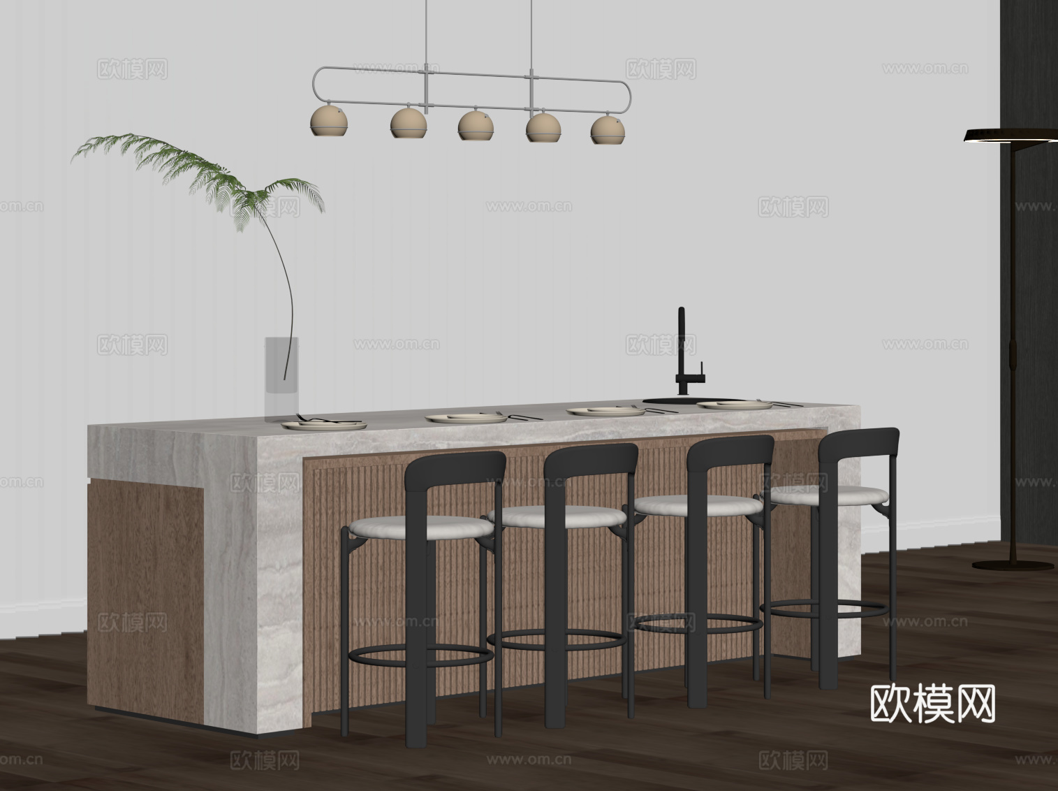 中古风吧台 岛台su模型