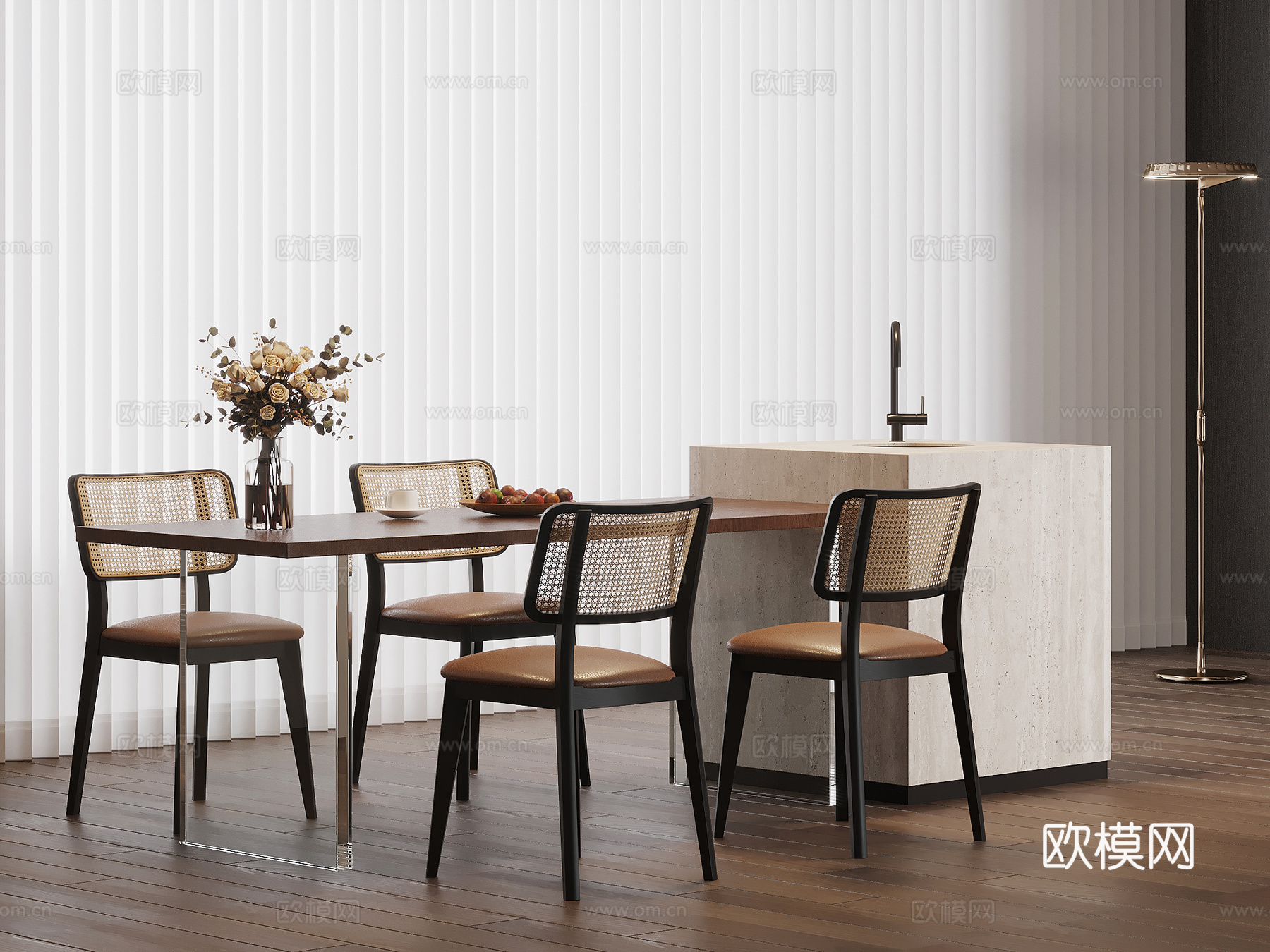中古风岛台 餐桌椅su模型