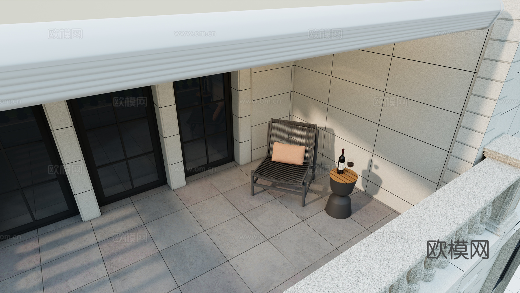 现代法式阳台 门窗电动智能遮阳棚 户外休闲椅 圆形茶几su模型