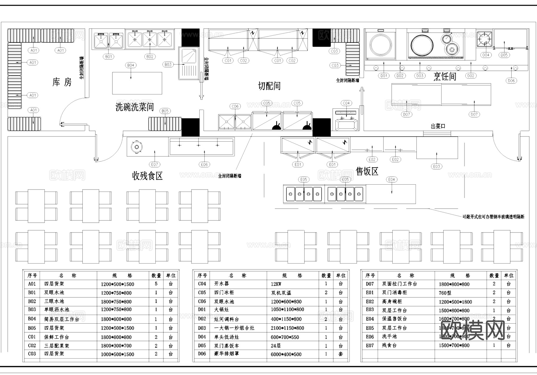 餐饮餐厅酒店商用厨房设备平面图室内工装CAD施工图集cad施工图