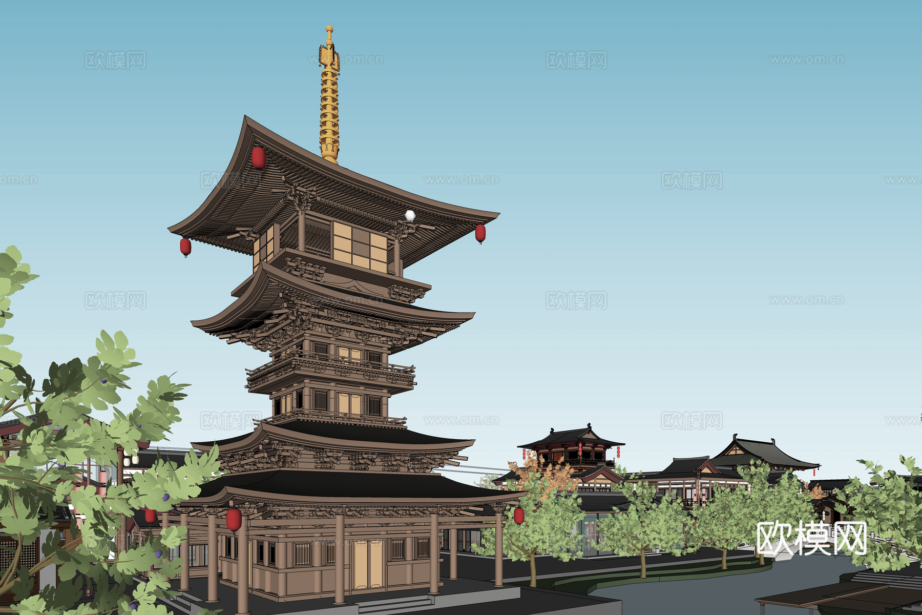 中式商业街 中式水街su模型