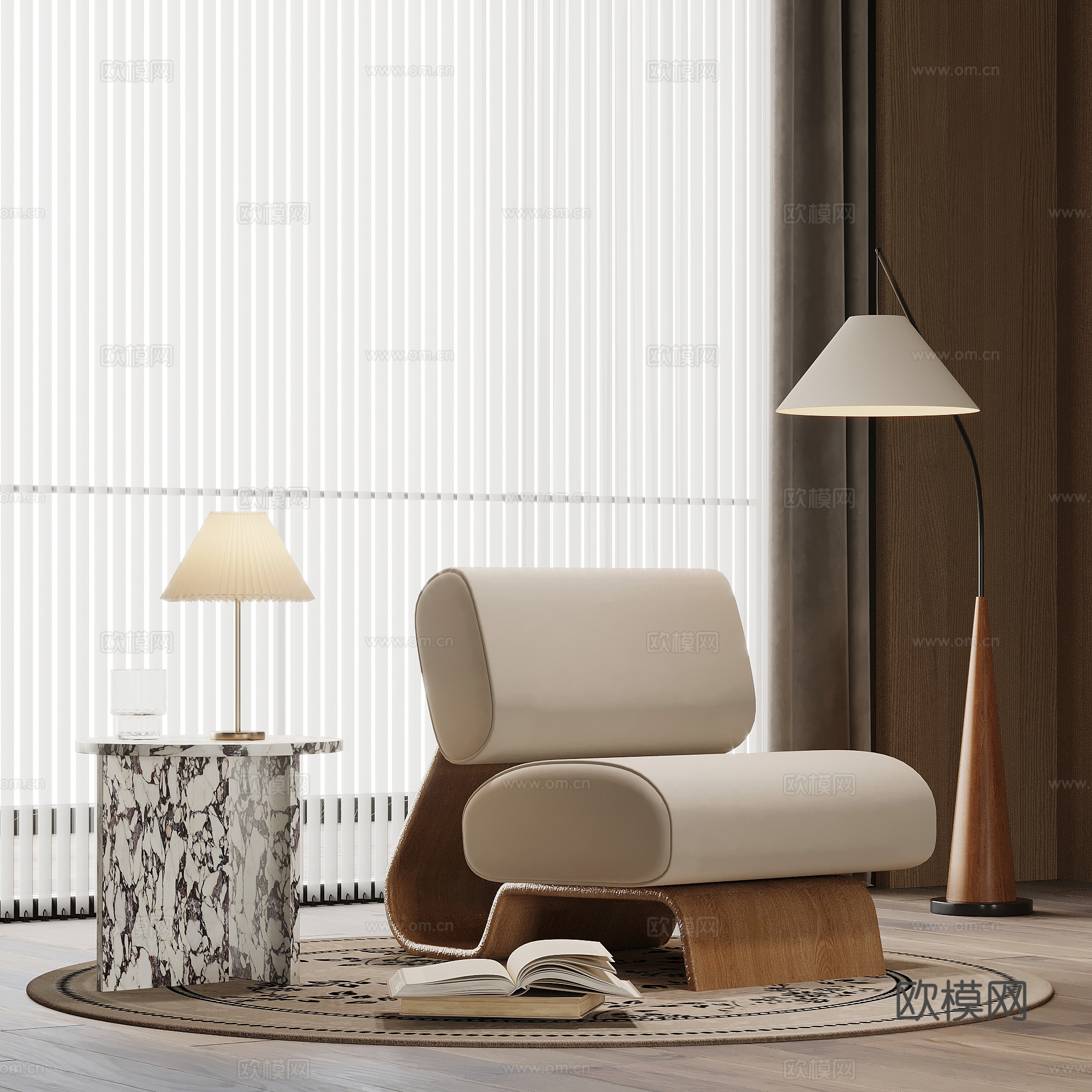 中古风休闲椅 边几 落地灯su模型