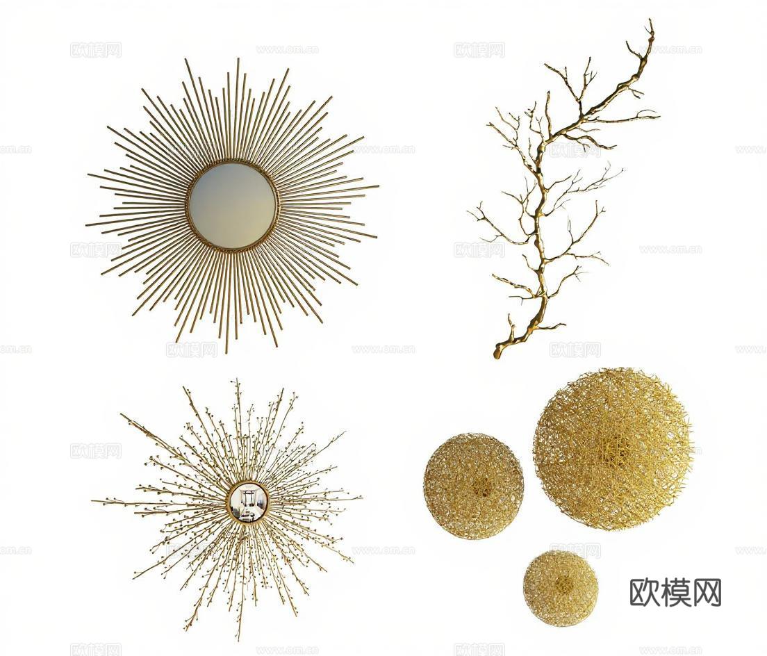 现代奢华金属镜面装饰 家居墙面艺术摆件 金色球形树枝镜面饰品免费3d模型下载
