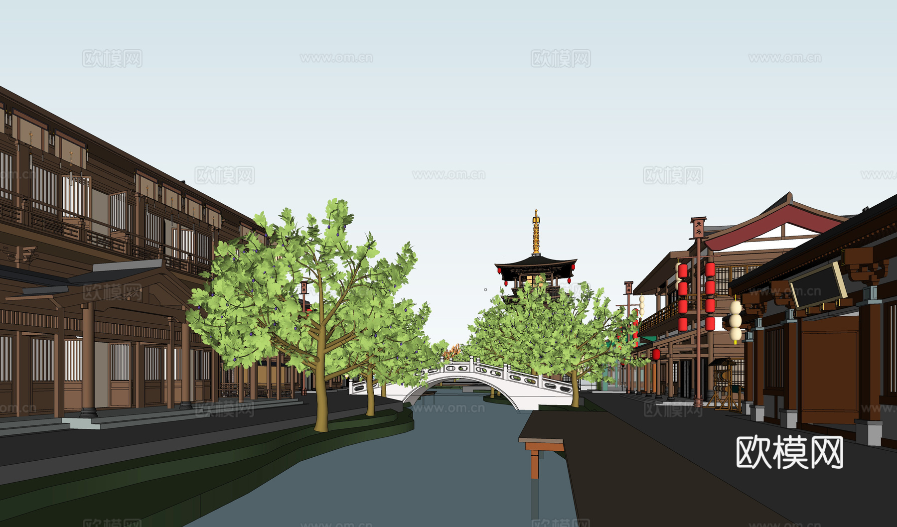 中式复古风情商业街 中式水街su模型
