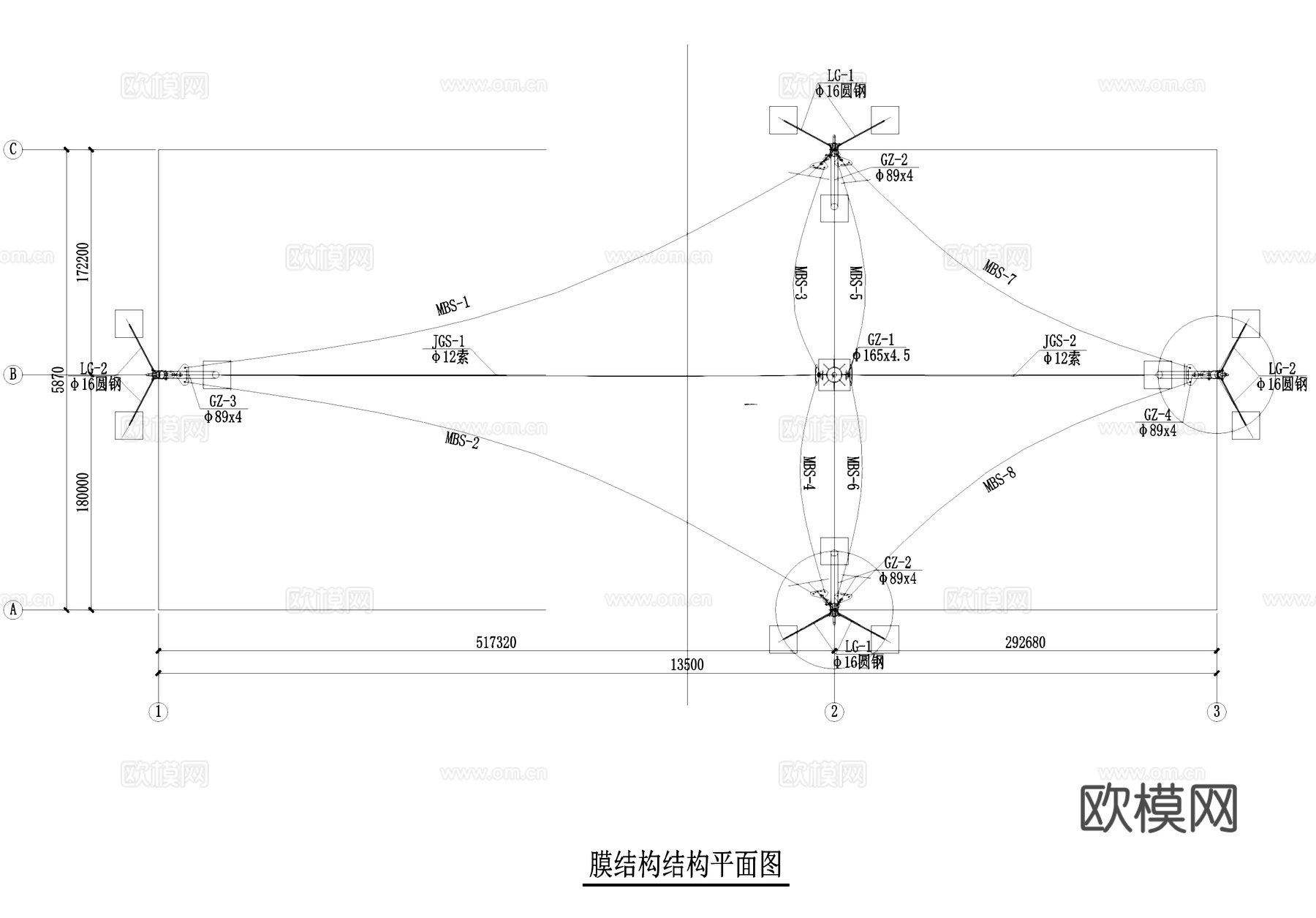 张拉膜亭建筑结构CAD施工图cad施工图