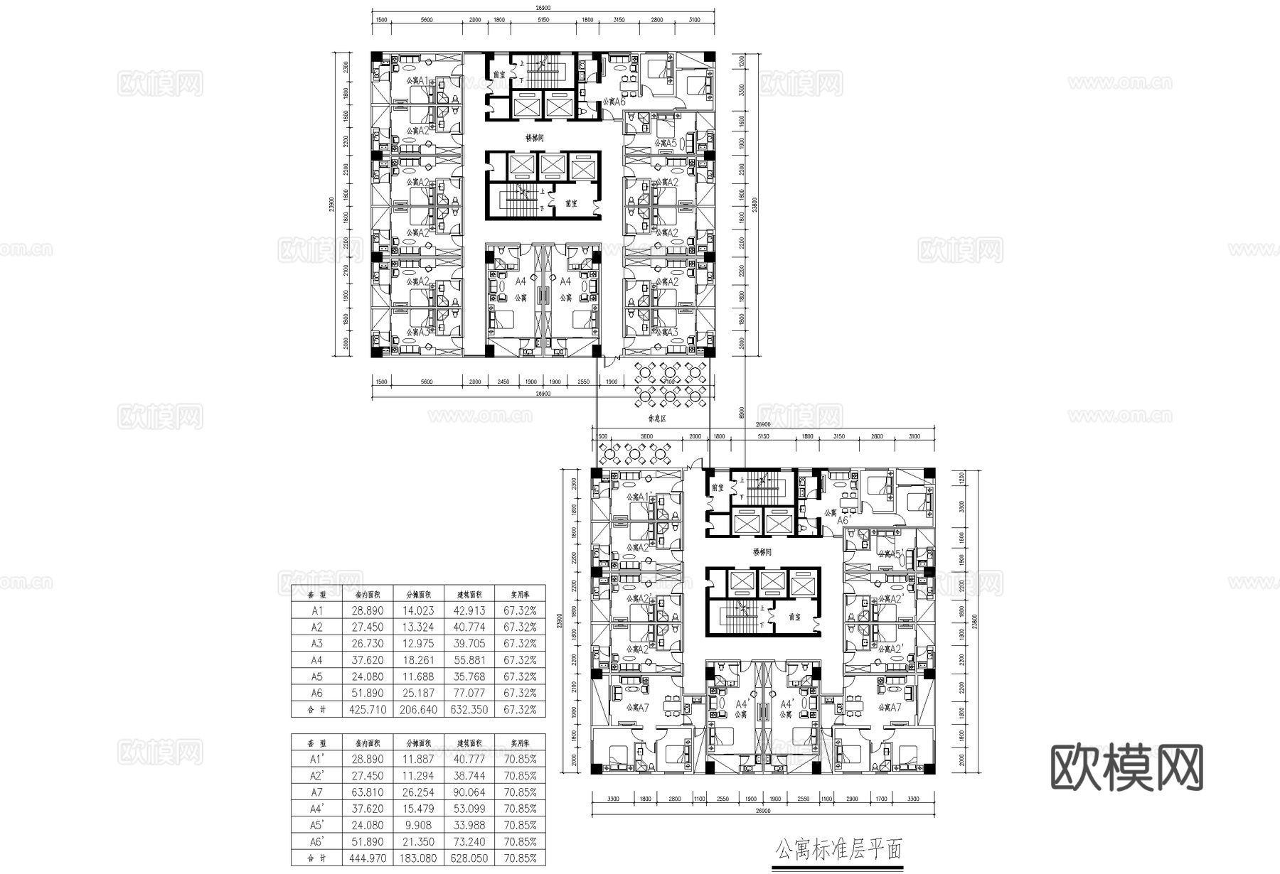 公寓标准层户型图建筑平面CAD施工图cad施工图