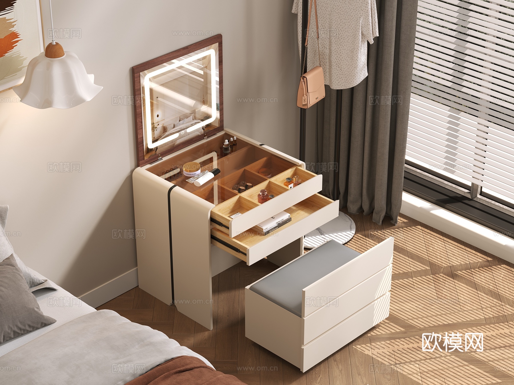 现代奶油风格卧室家具梳妆台 灯光齐全3d模型下载