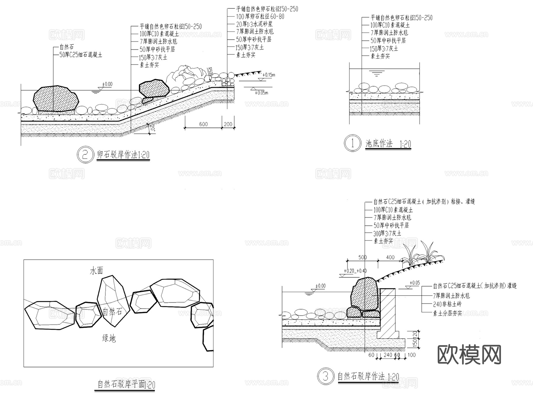 景观池沿驳岸排水沟护岸节点CAD施工详图集 18套cad施工图