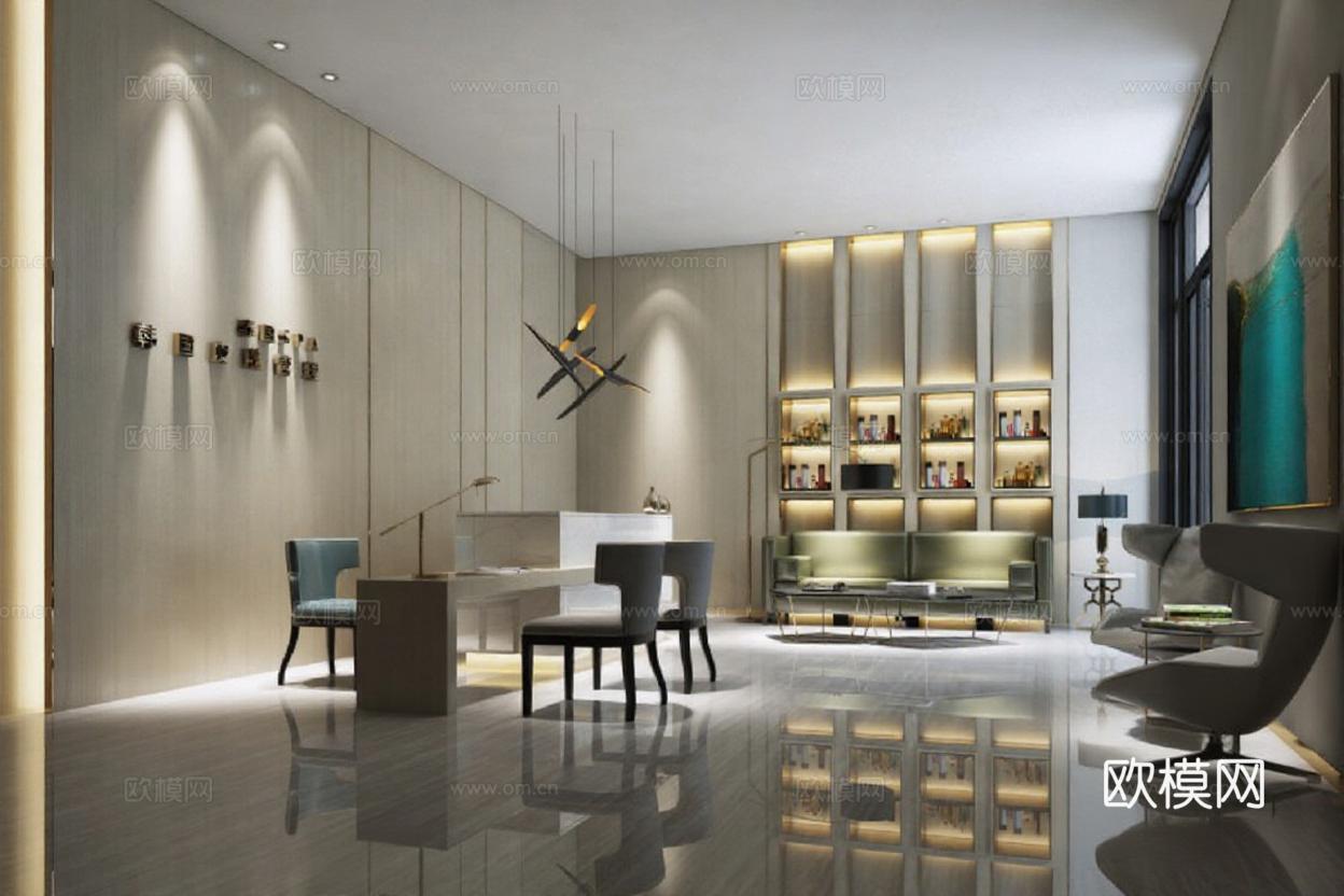 高端会所接待区室内设计 现代奢华商业空间3D渲染 休息区艺术光影效果图免费3d模型下载